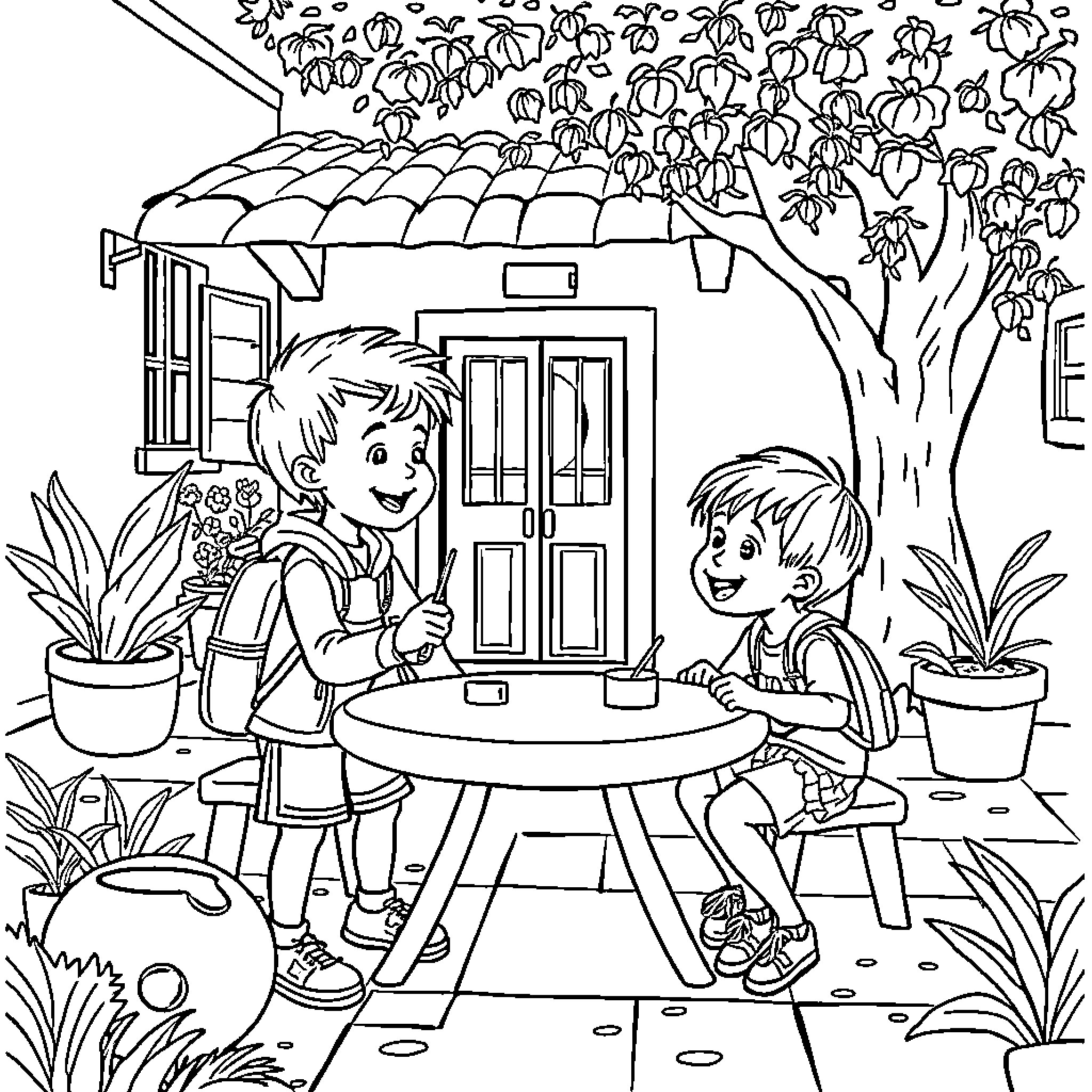 Niños en alegre reunión al aire libre Coloring Page (free black-and-white line drawing printable PDF for all, from beginners to advanced learners, including children, teens, adults, and seniors)