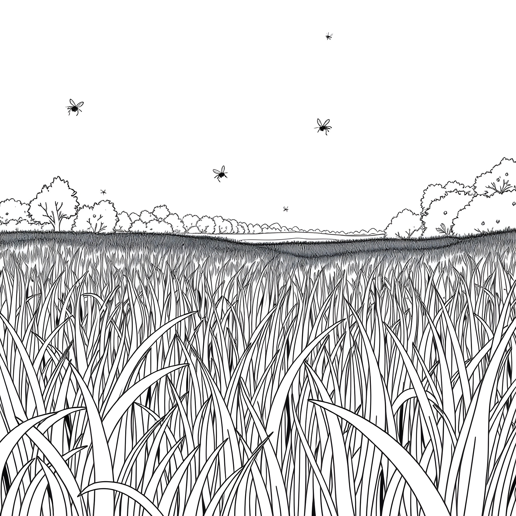 Mosquitoes flying over a grassy field Coloring Page (free black-and-white line drawing printable PDF for all, from beginners to advanced learners, including children, teens, adults, and seniors)