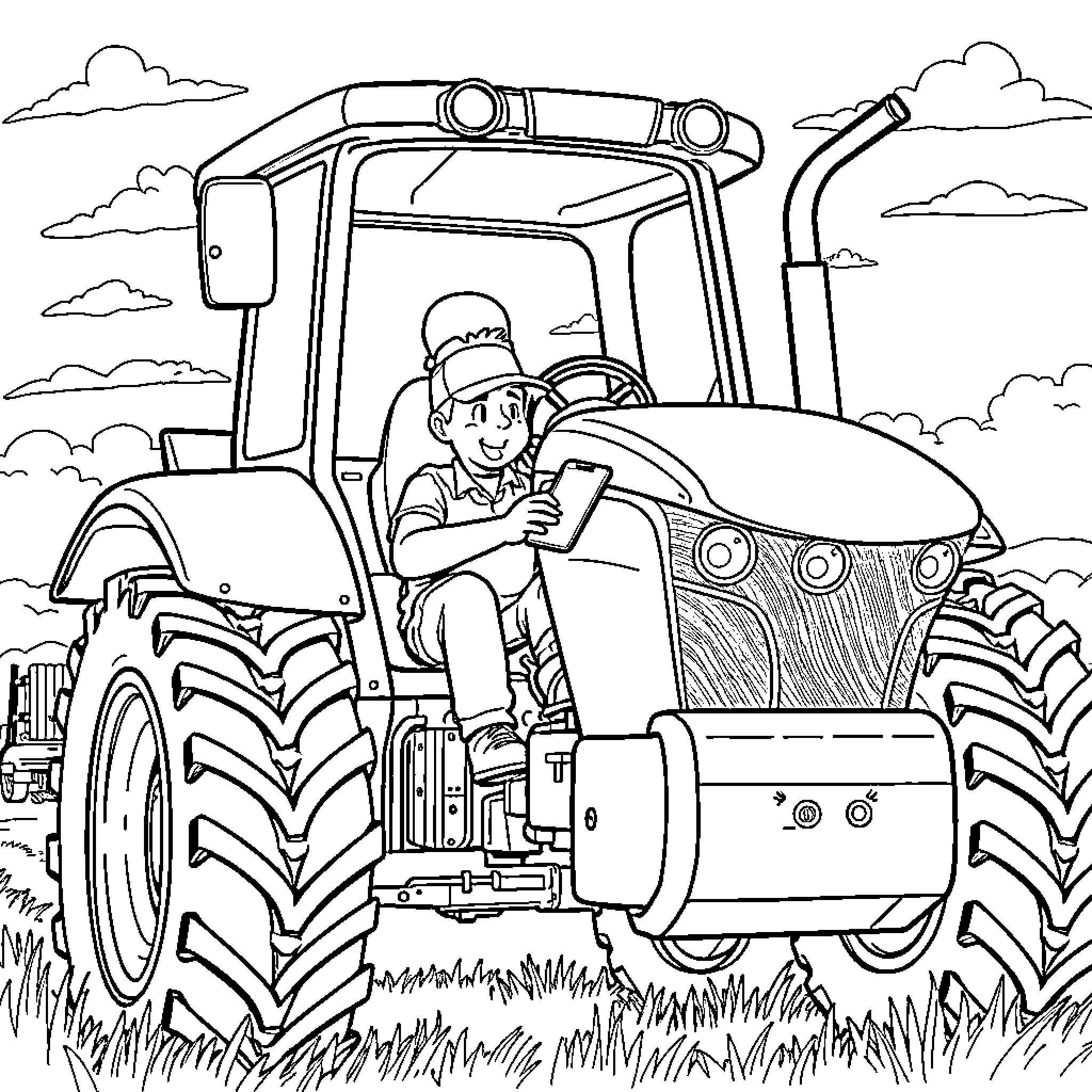 Man operating a tractor in the countryside Coloring Page (free black-and-white line drawing printable PDF for all, from beginners to advanced learners, including children, teens, adults, and seniors)