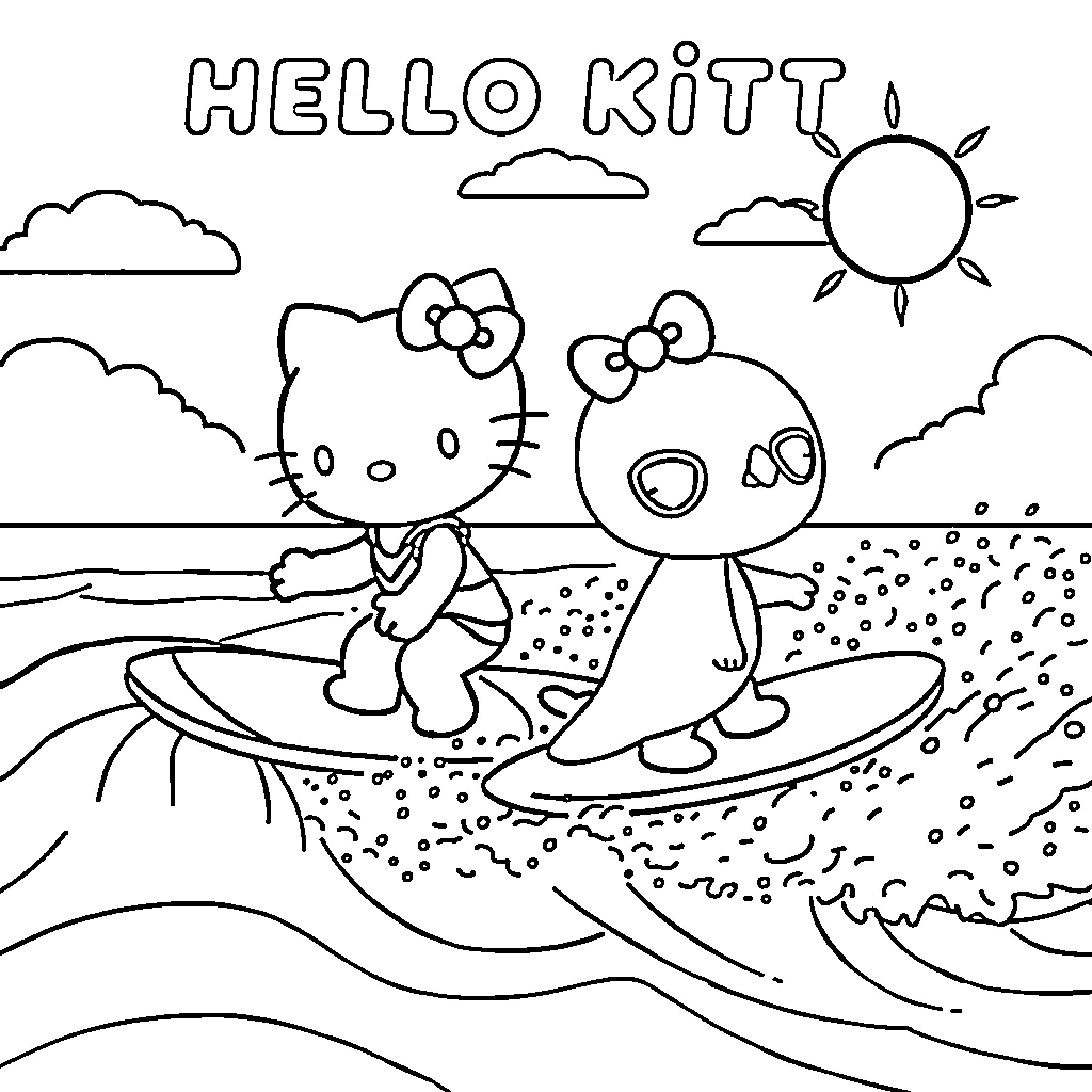 Hello Kitty and Friend Surfing on the Beach Coloring Page (free black-and-white line drawing printable PDF for all, from beginners to advanced learners, including children, teens, adults, and seniors)