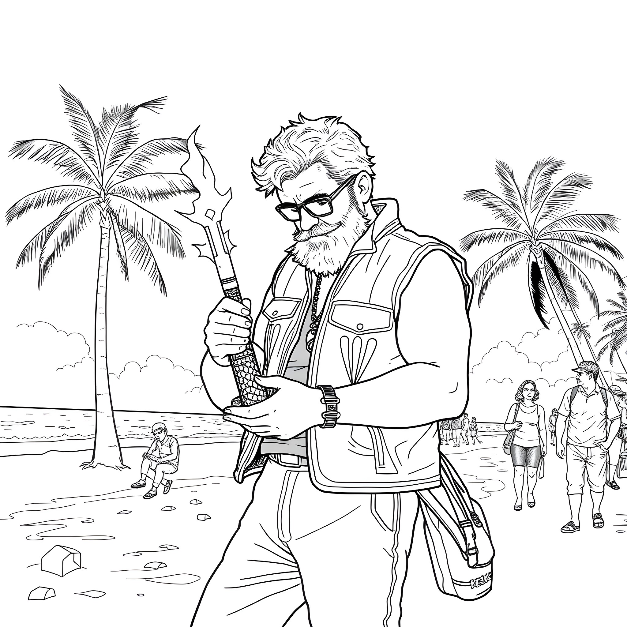 Ornn the Blacksmith Forging Mighty Weapons on the Beach Coloring Page (free black-and-white line drawing printable PDF for all, from beginners to advanced learners, including children, teens, adults, and seniors)