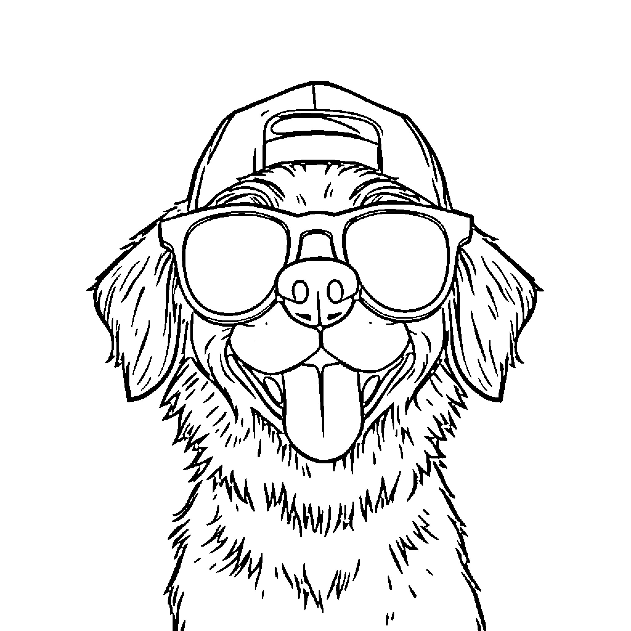 Dog wearing sunglasses and a cap Coloring Page (free black-and-white line drawing printable PDF for all, from beginners to advanced learners, including children, teens, adults, and seniors)