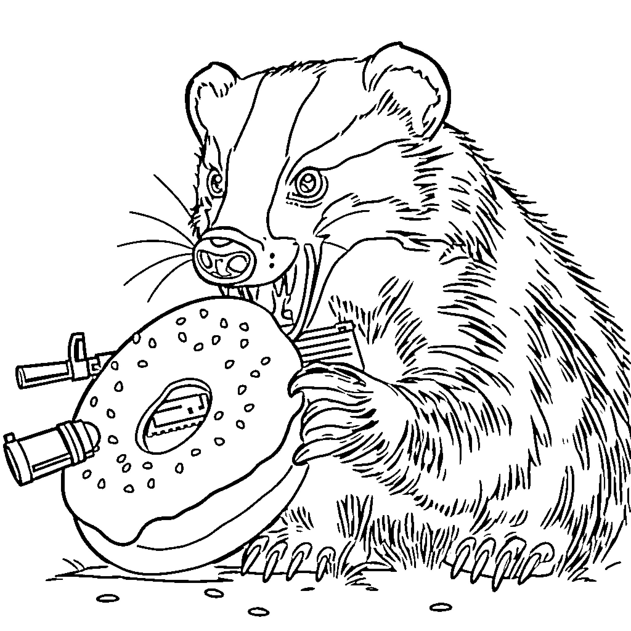 Honey Badger fiercely defending its territory Coloring Page (free black-and-white line drawing printable PDF for all, from beginners to advanced learners, including children, teens, adults, and seniors)