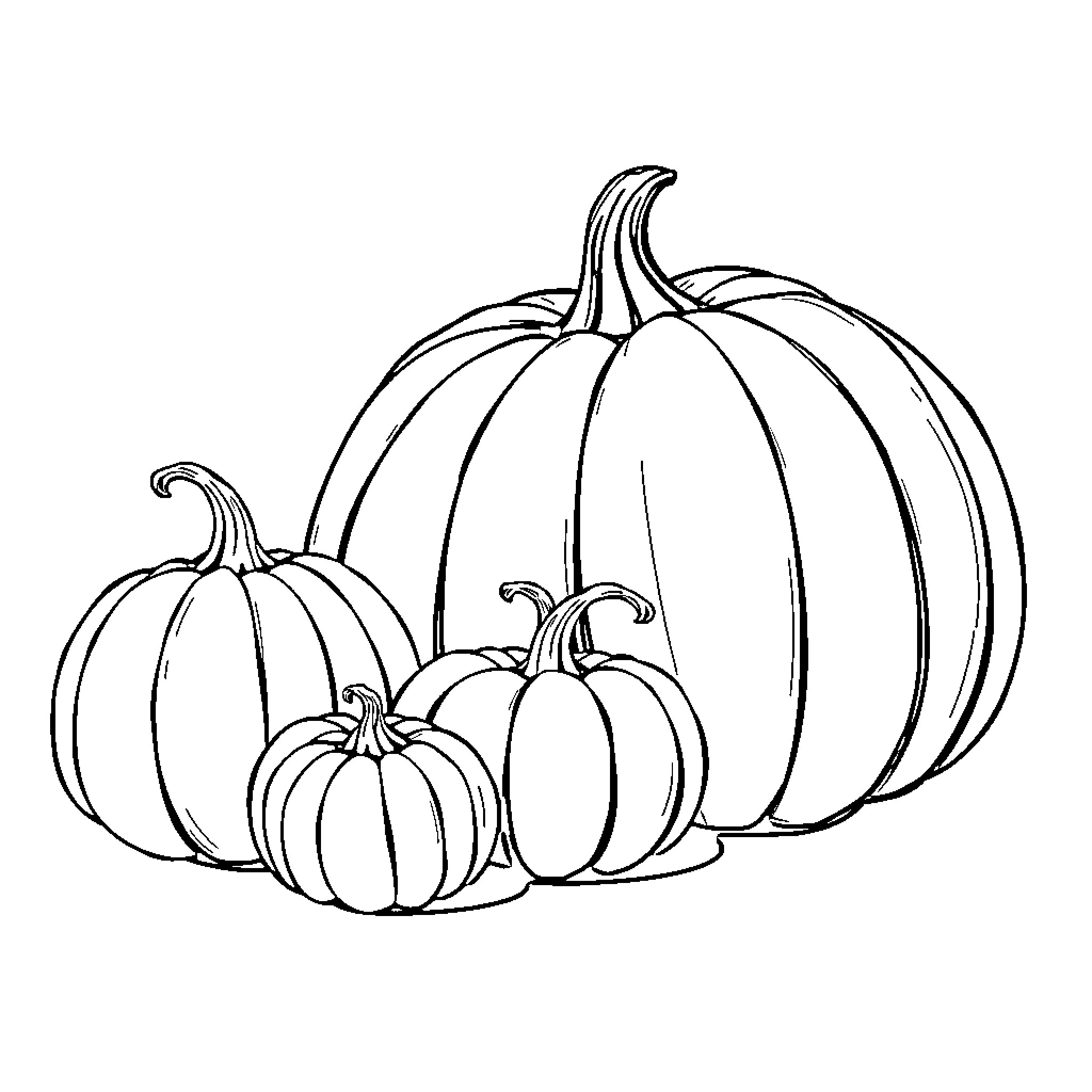 Pumpkins of various sizes Coloring Page (free black-and-white line drawing printable PDF for all, from beginners to advanced learners, including children, teens, adults, and seniors)