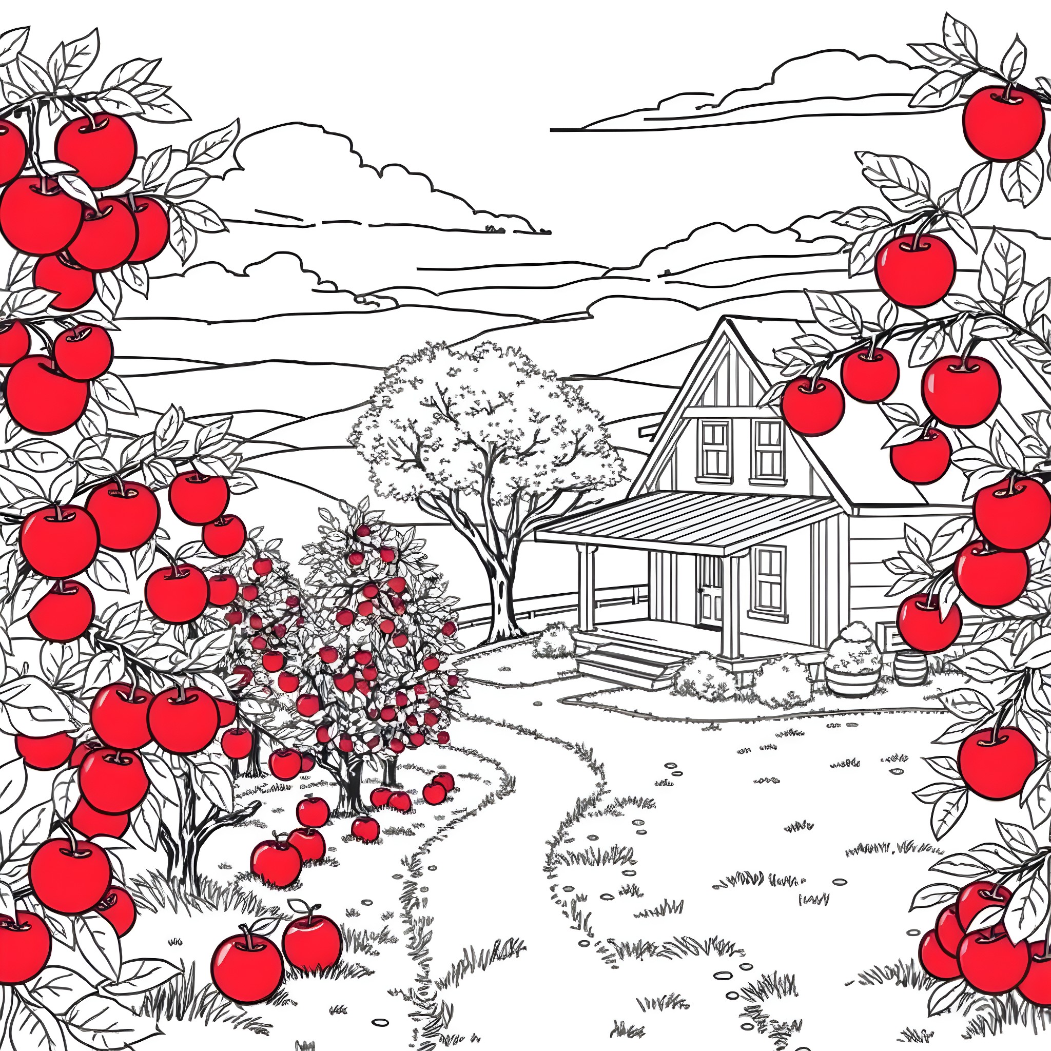 Apple Tree Harvest in the Countryside Coloring Page (free black-and-white line drawing printable PDF for all, from beginners to advanced learners, including children, teens, adults, and seniors)