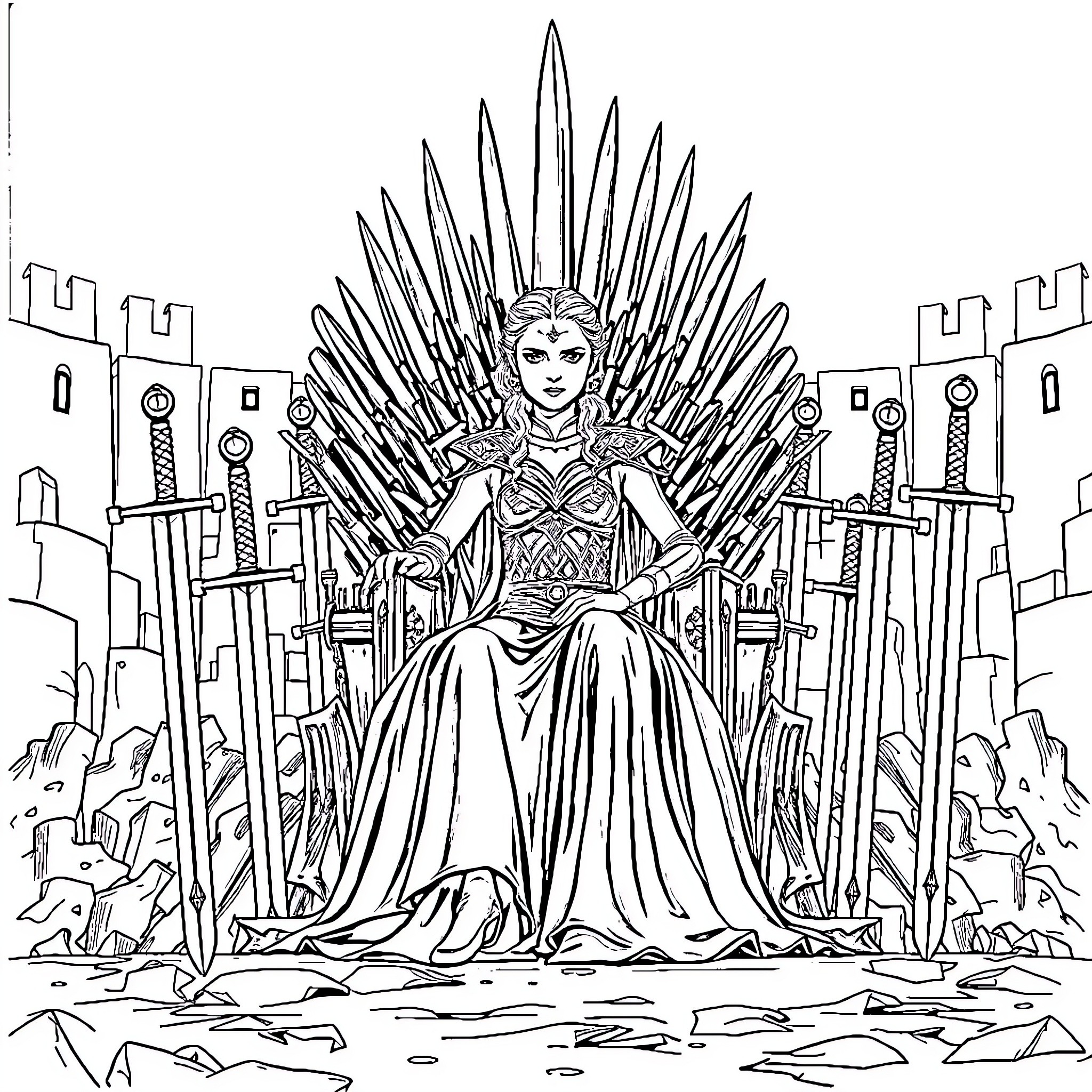 Daenerys seated on the Iron Throne Coloring Page (free black-and-white line drawing printable PDF for all, from beginners to advanced learners, including children, teens, adults, and seniors)