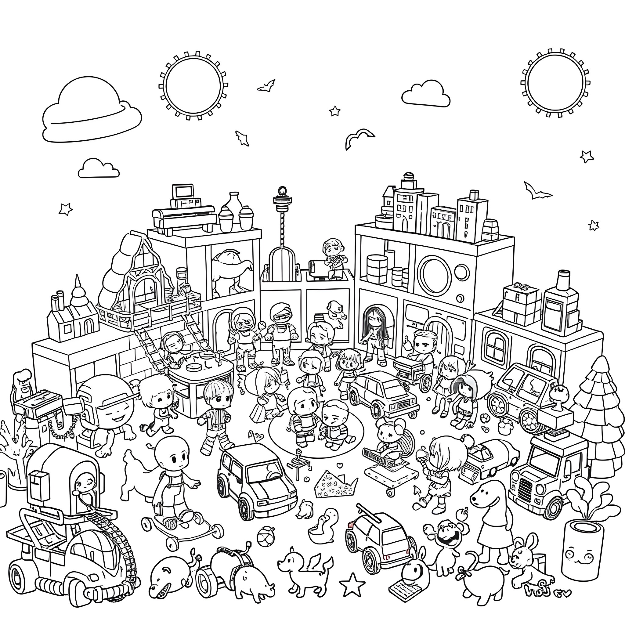 Mini Toy Figures in a Busy City Scene Coloring Page (free black-and-white line drawing printable PDF for all, from beginners to advanced learners, including children, teens, adults, and seniors)