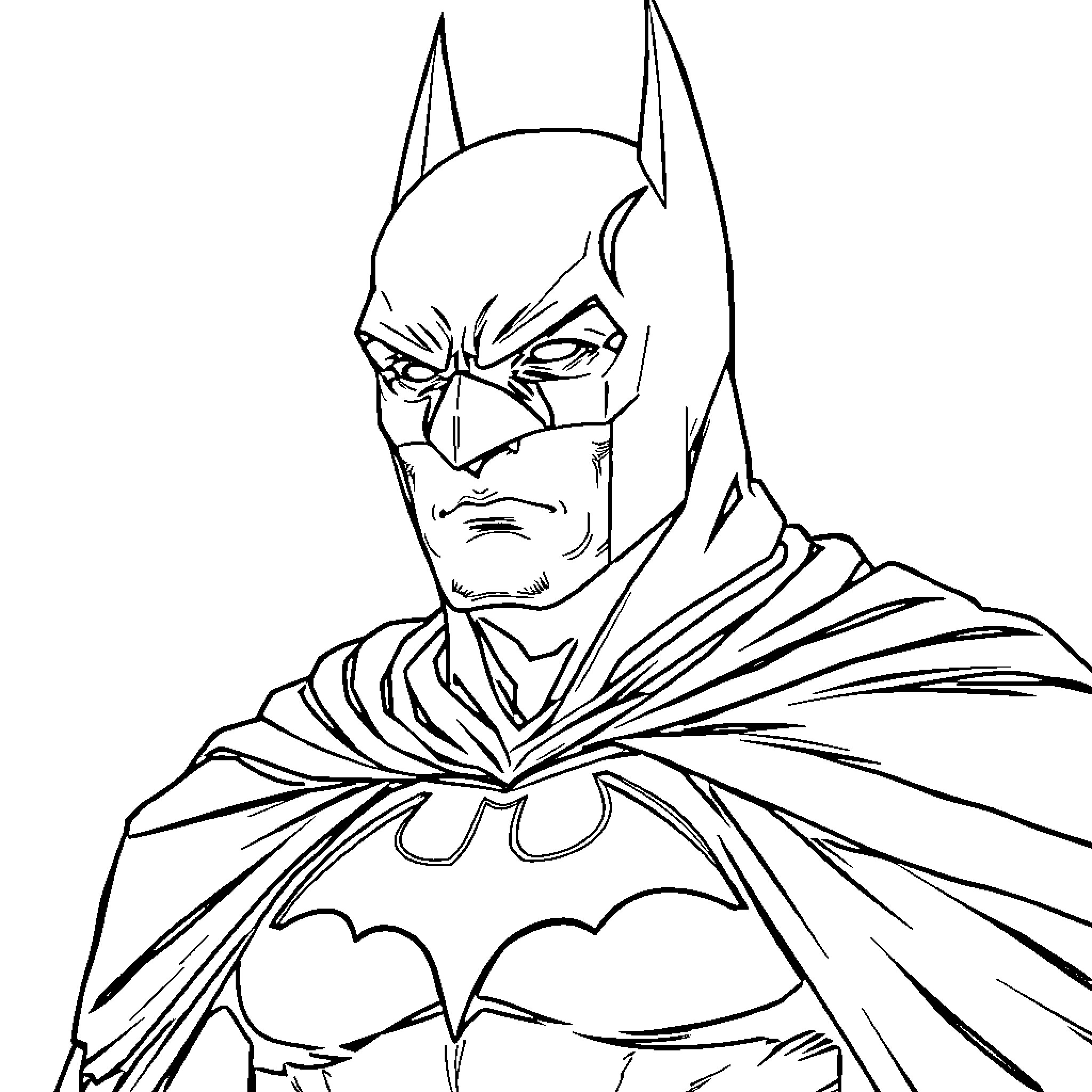Batman in serious expression and action-ready pose Coloring Page (free black-and-white line drawing printable PDF for all, from beginners to advanced learners, including children, teens, adults, and seniors)