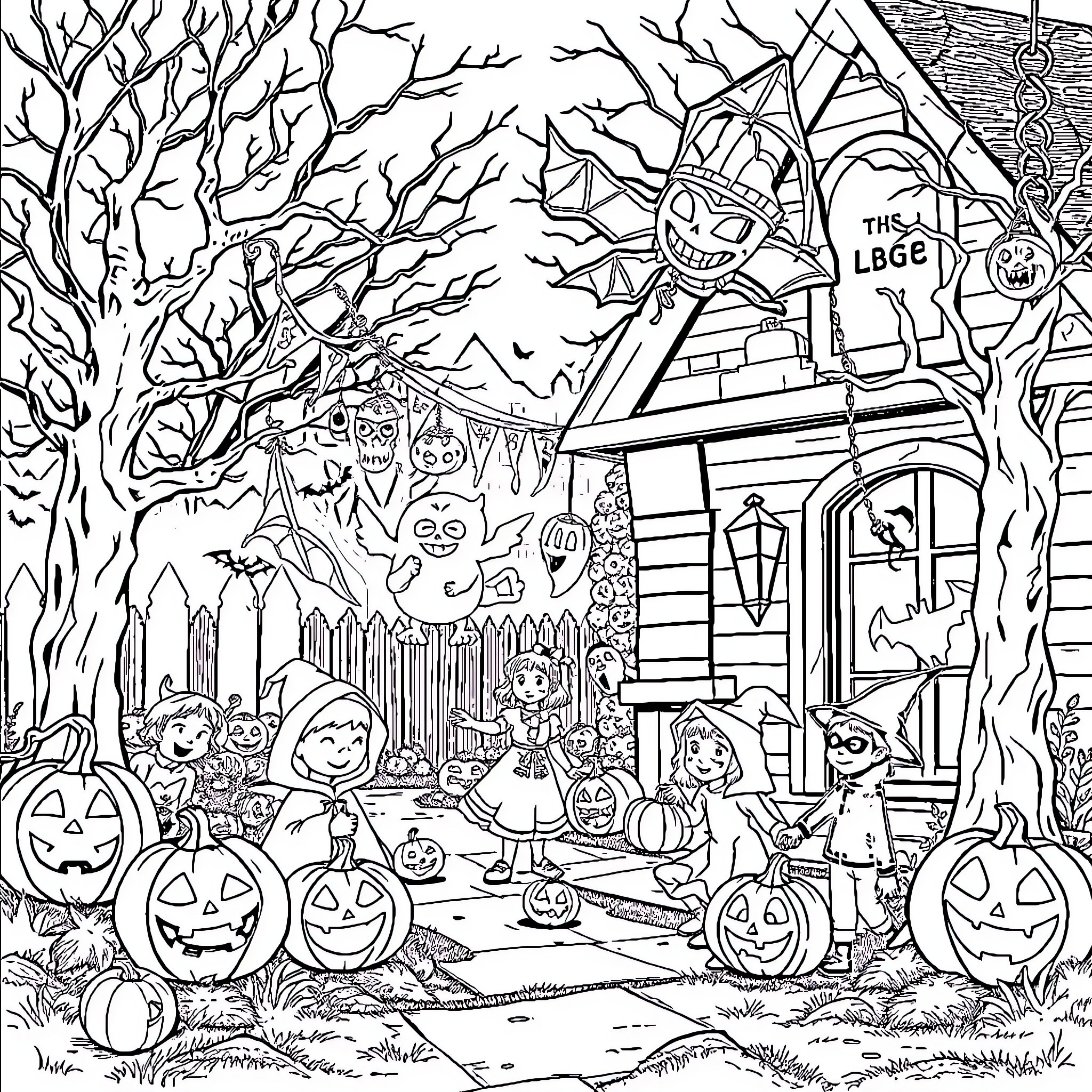 Halloween Fun at the Spooky Neighborhood Coloring Page (free black-and-white line drawing printable PDF for all, from beginners to advanced learners, including children, teens, adults, and seniors)