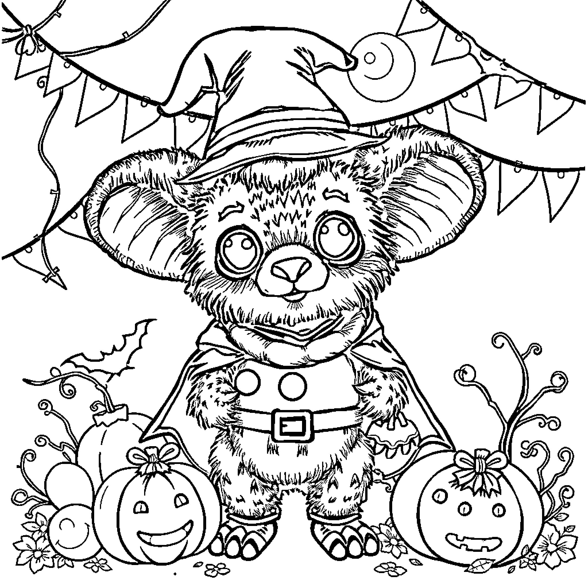 Labubu's Whimsical Halloween Adventure Coloring Page (free black-and-white line drawing printable PDF for all, from beginners to advanced learners, including children, teens, adults, and seniors)