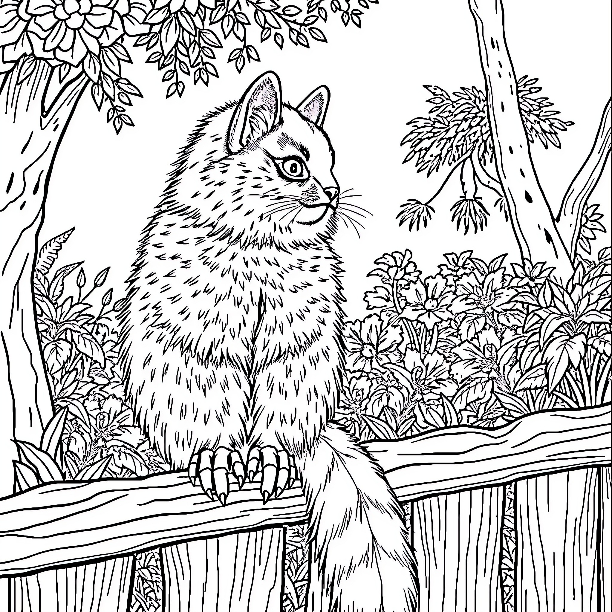 Kucing Garong in Forest Sanctuary Coloring Page (free black-and-white line drawing printable PDF for all, from beginners to advanced learners, including children, teens, adults, and seniors)