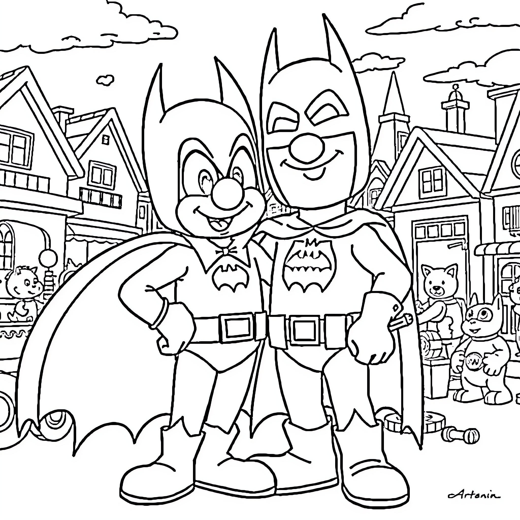 Noddy and friends enjoy a friendly adventure in the town Coloring Page (free black-and-white line drawing printable PDF for all, from beginners to advanced learners, including children, teens, adults, and seniors)