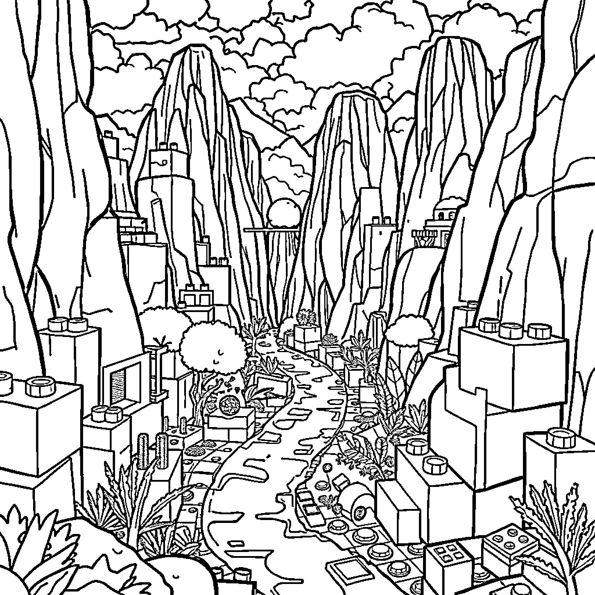 Minecraft Landscape with Towering Mountains and Winding Path Coloring Page (free black-and-white line drawing printable PDF for all, from beginners to advanced learners, including children, teens, adults, and seniors)
