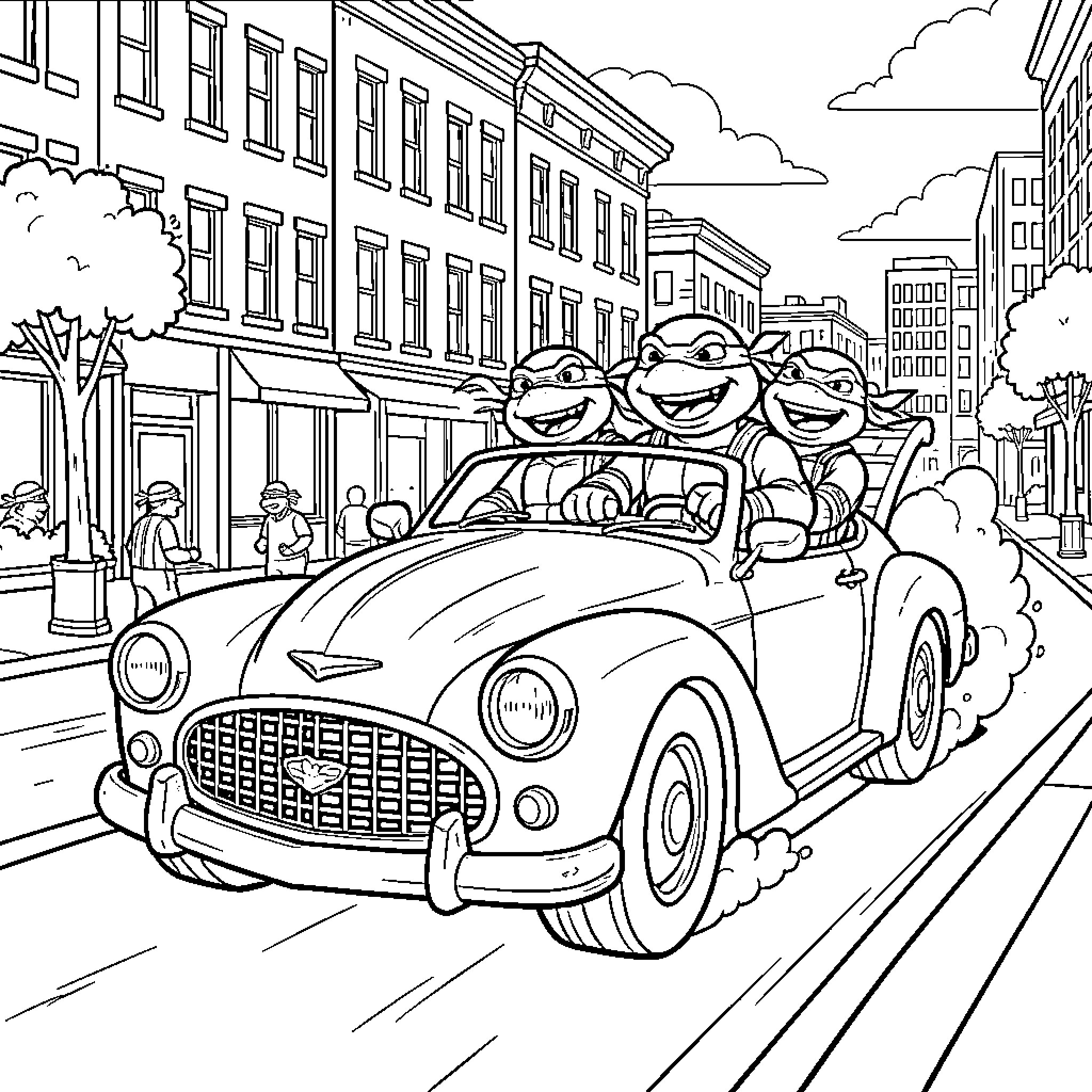 Ninja Turtle characters driving a convertible through city streets Coloring Page (free black-and-white line drawing printable PDF for all, from beginners to advanced learners, including children, teens, adults, and seniors)