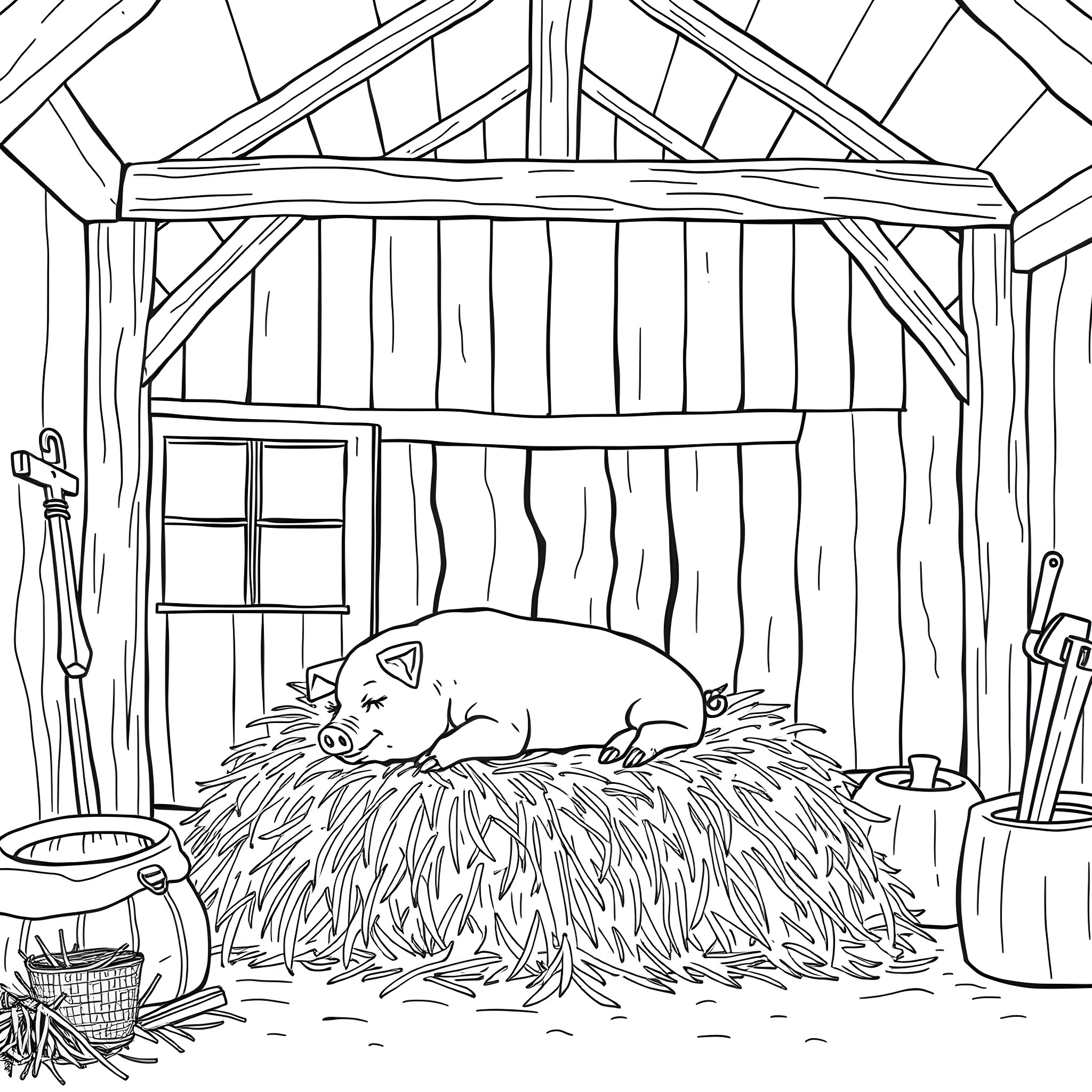 Pig sleeping peacefully in a cozy barn Coloring Page (free black-and-white line drawing printable PDF for all, from beginners to advanced learners, including children, teens, adults, and seniors)