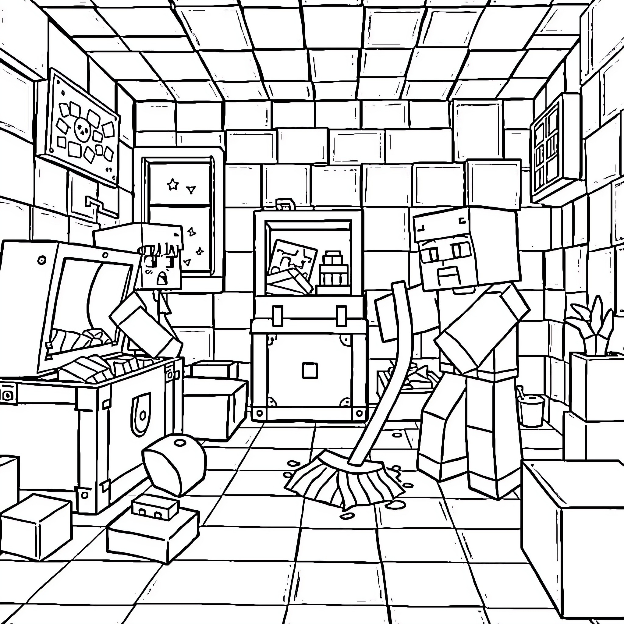 Minecraft characters exploring a cluttered room Coloring Page (free black-and-white line drawing printable PDF for all, from beginners to advanced learners, including children, teens, adults, and seniors)