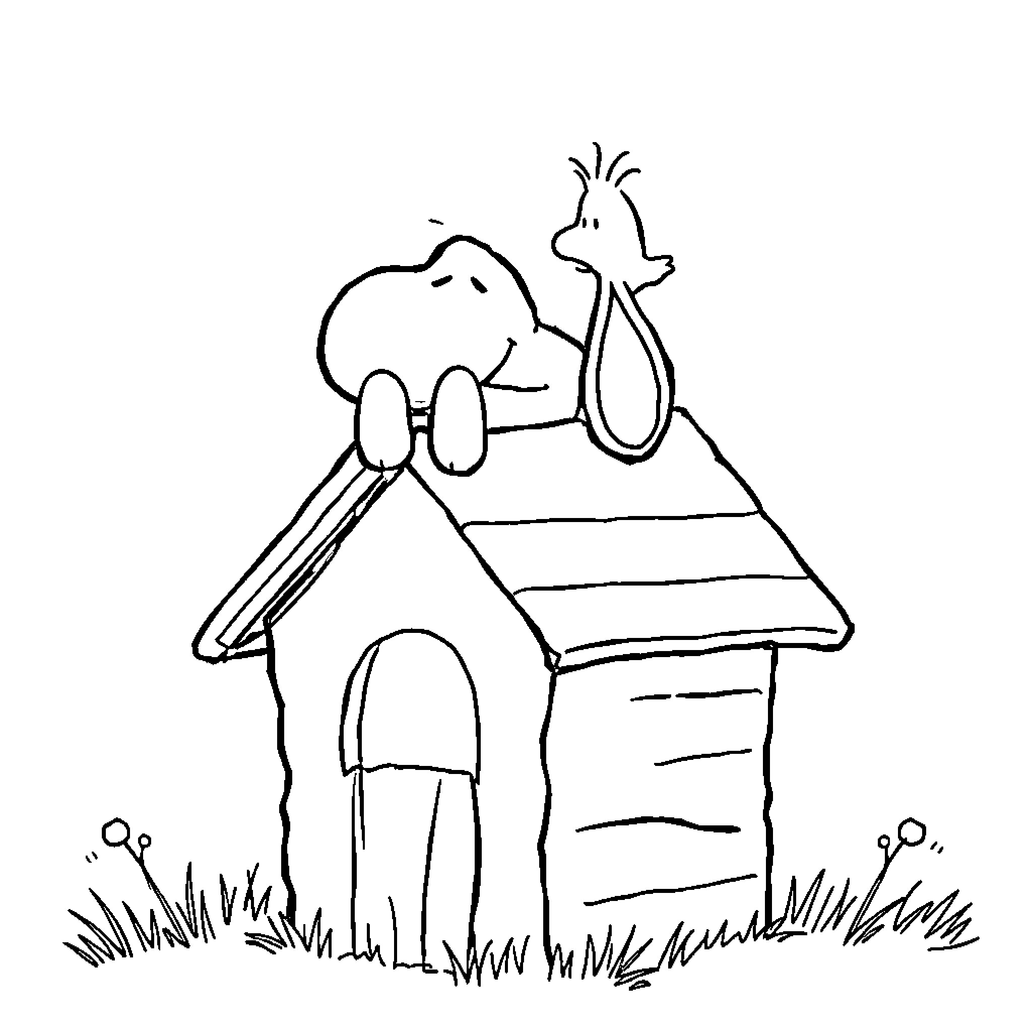 Snoopy relaxing on his doghouse Coloring Page (free black-and-white line drawing printable PDF for all, from beginners to advanced learners, including children, teens, adults, and seniors)