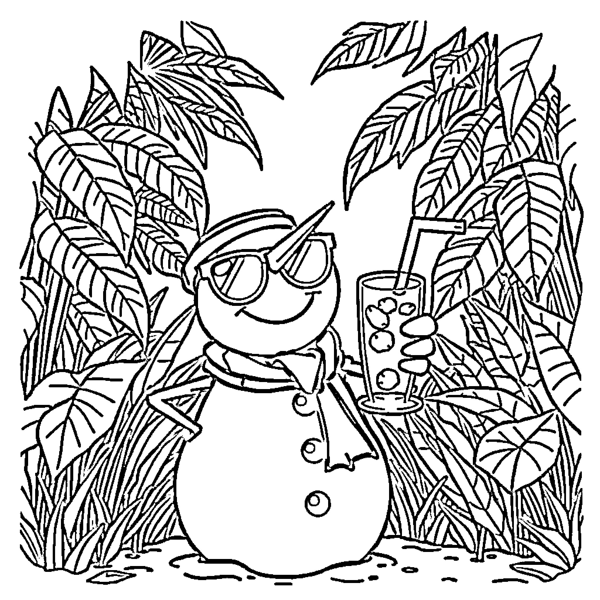 Snowman relaxing with tropical beverage in the jungle Coloring Page (free black-and-white line drawing printable PDF for all, from beginners to advanced learners, including children, teens, adults, and seniors)