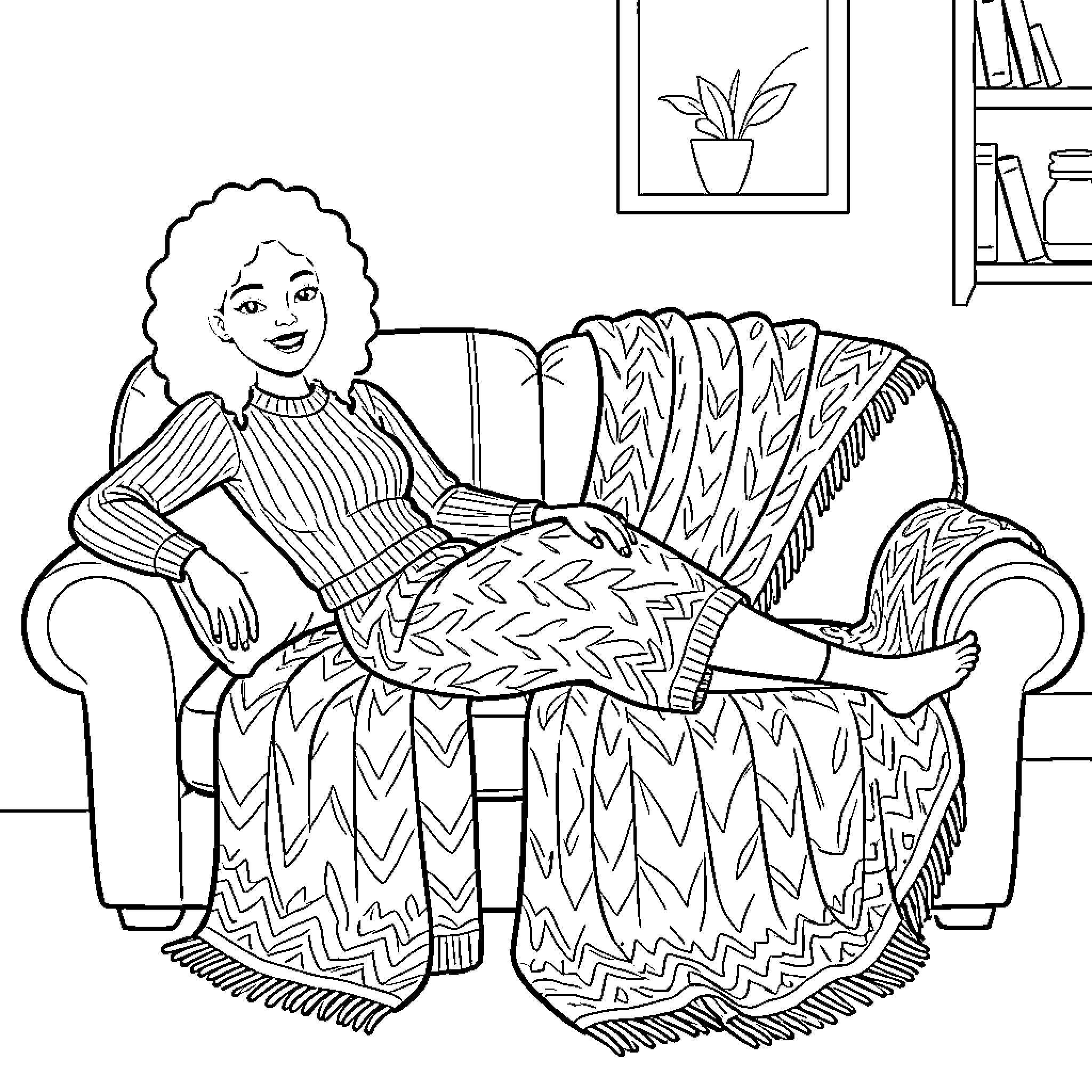 Woman relaxing comfortably on patterned sofa Coloring Page (free black-and-white line drawing printable PDF for all, from beginners to advanced learners, including children, teens, adults, and seniors)