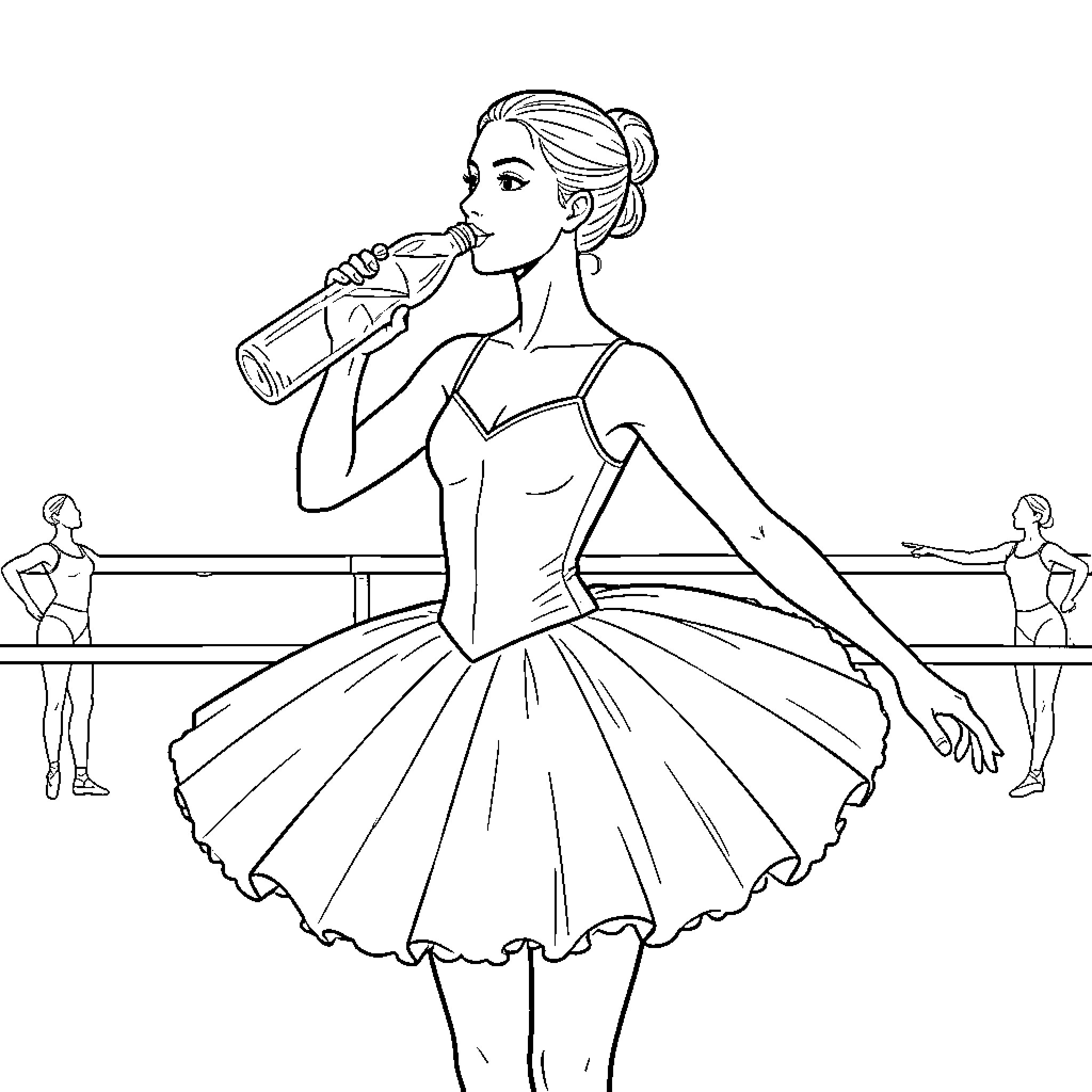 Ballerina hydrating during rehearsal with dancers in background Coloring Page (free black-and-white line drawing printable PDF for all, from beginners to advanced learners, including children, teens, adults, and seniors)