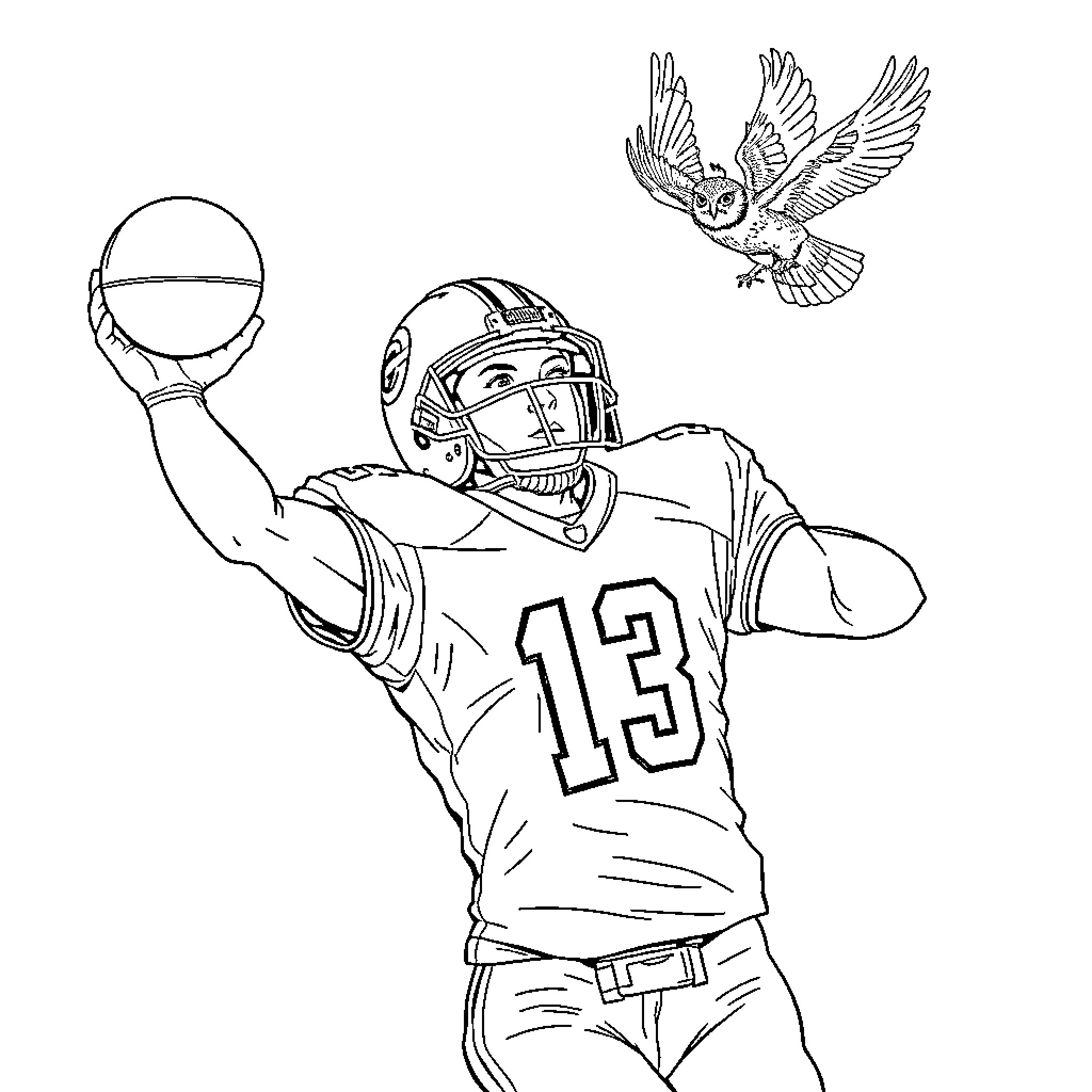 Football Player Throwing Ball with Soaring Falcon Coloring Page (free black-and-white line drawing printable PDF for all, from beginners to advanced learners, including children, teens, adults, and seniors)