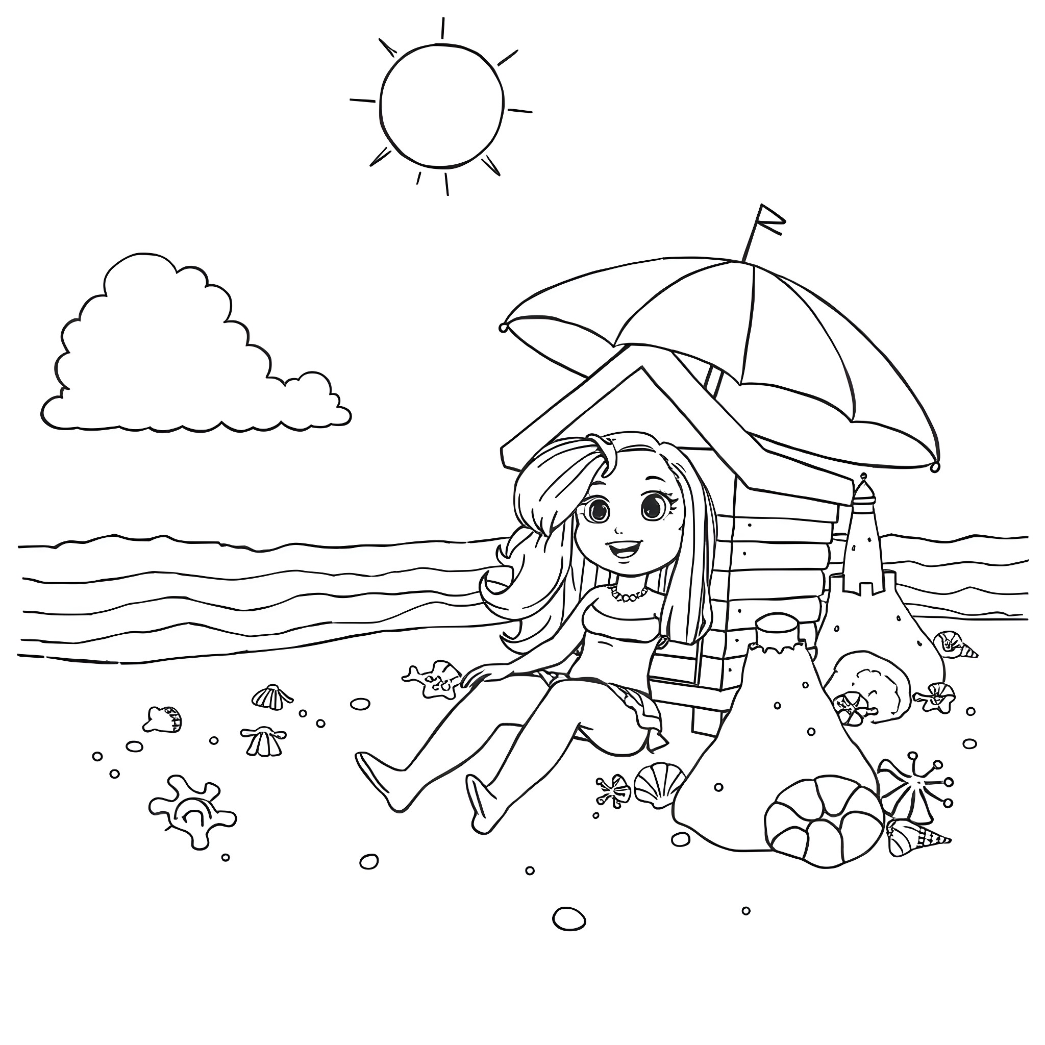 Gabby Dollhouse playing at the beach with umbrella Coloring Page (free black-and-white line drawing printable PDF for all, from beginners to advanced learners, including children, teens, adults, and seniors)