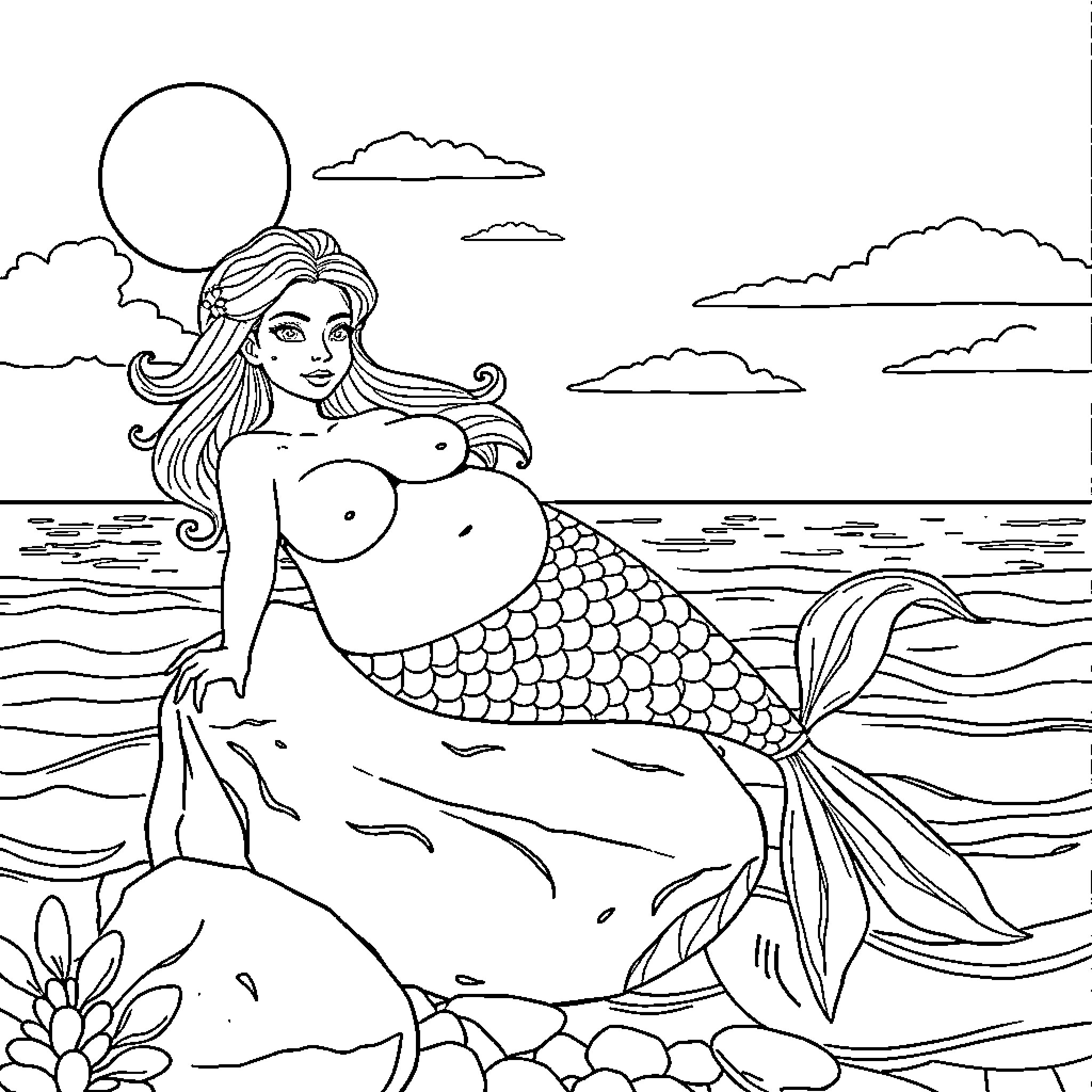 Mermaid resting peacefully by the tranquil sea Coloring Page (free black-and-white line drawing printable PDF for all, from beginners to advanced learners, including children, teens, adults, and seniors)