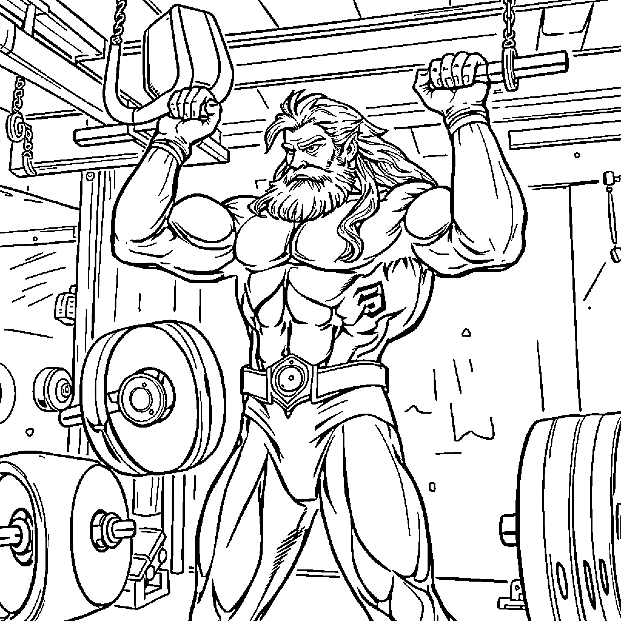 Aquaman lifting weights in his underwater gym Coloring Page (free black-and-white line drawing printable PDF for all, from beginners to advanced learners, including children, teens, adults, and seniors)