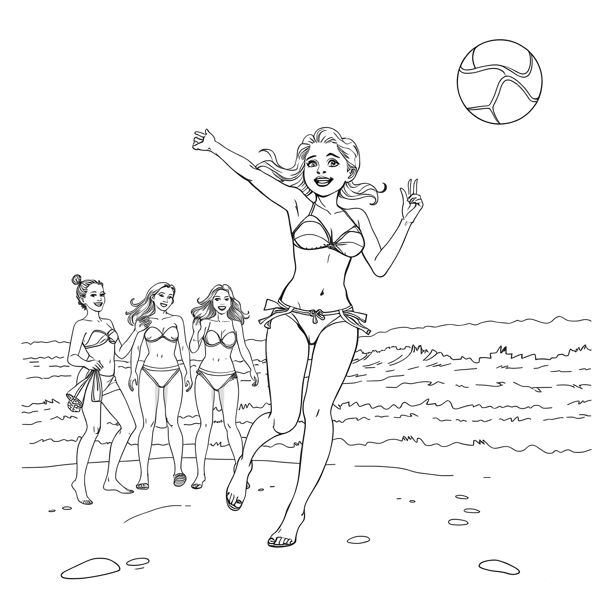 Bikini Girls Playing Happily on the Beach Coloring Page (free black-and-white line drawing printable PDF for all, from beginners to advanced learners, including children, teens, adults, and seniors)