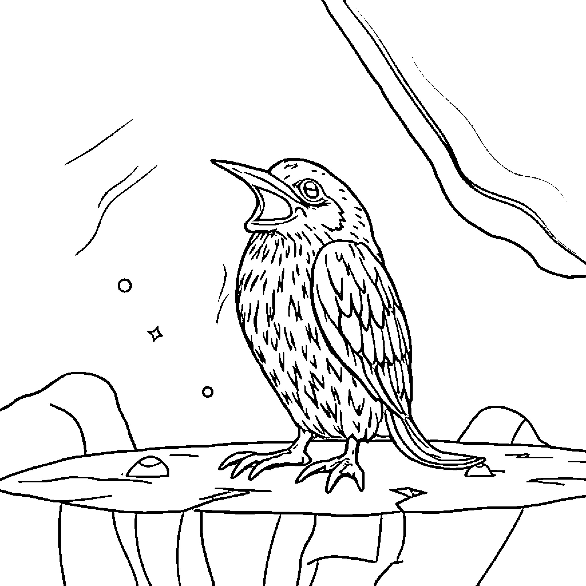 Scream of a Lone Bird in the Wilderness Coloring Page (free black-and-white line drawing printable PDF for all, from beginners to advanced learners, including children, teens, adults, and seniors)