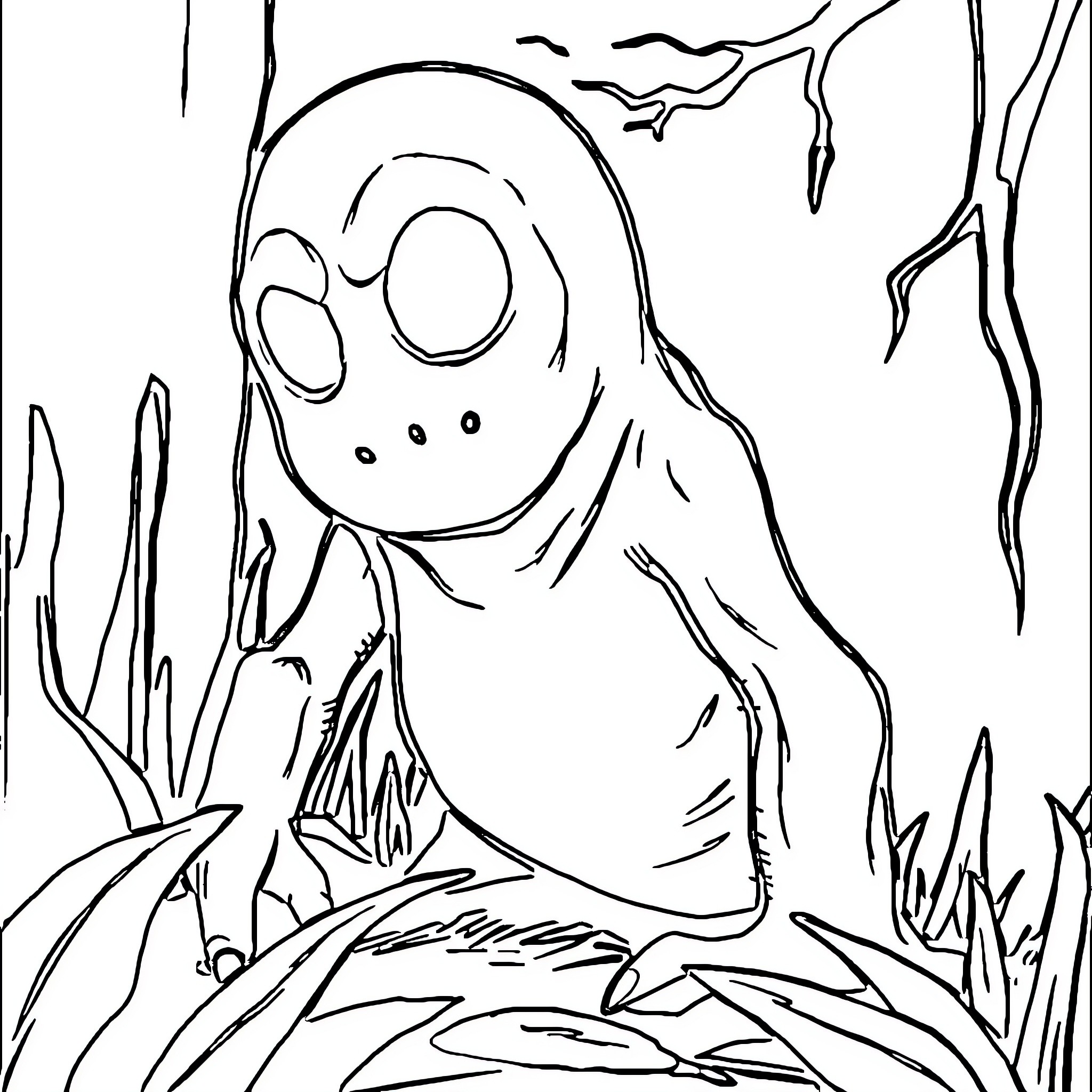 Creeper lurking in the eerie forest Coloring Page (free black-and-white line drawing printable PDF for all, from beginners to advanced learners, including children, teens, adults, and seniors)