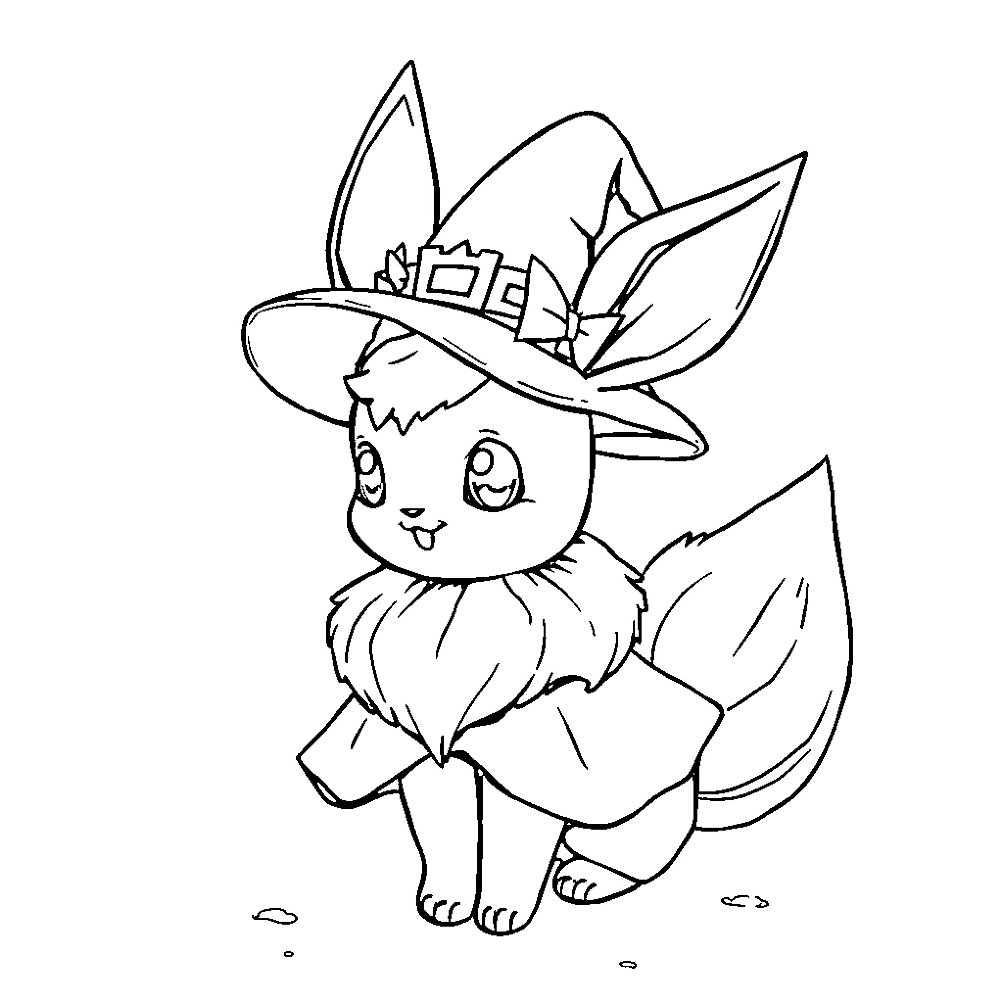 Eevie in a Witch Hat Coloring Page (free black-and-white line drawing printable PDF for all, from beginners to advanced learners, including children, teens, adults, and seniors)