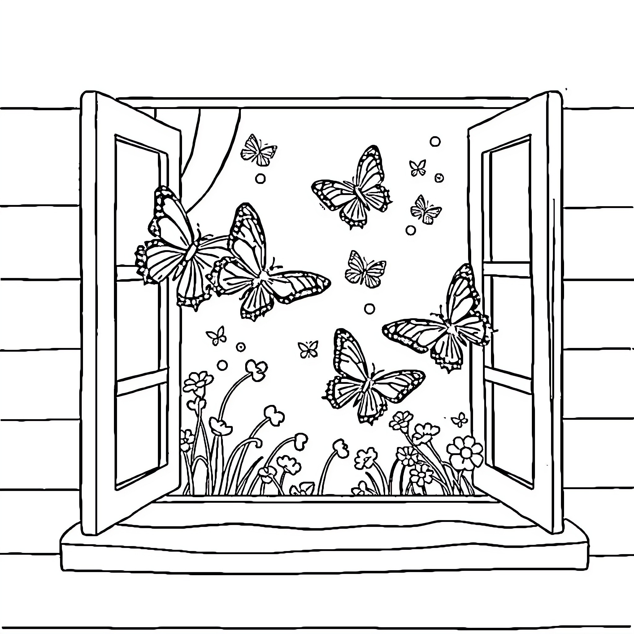Butterfly Sanctuary in the Window Coloring Page (free black-and-white line drawing printable PDF for all, from beginners to advanced learners, including children, teens, adults, and seniors)