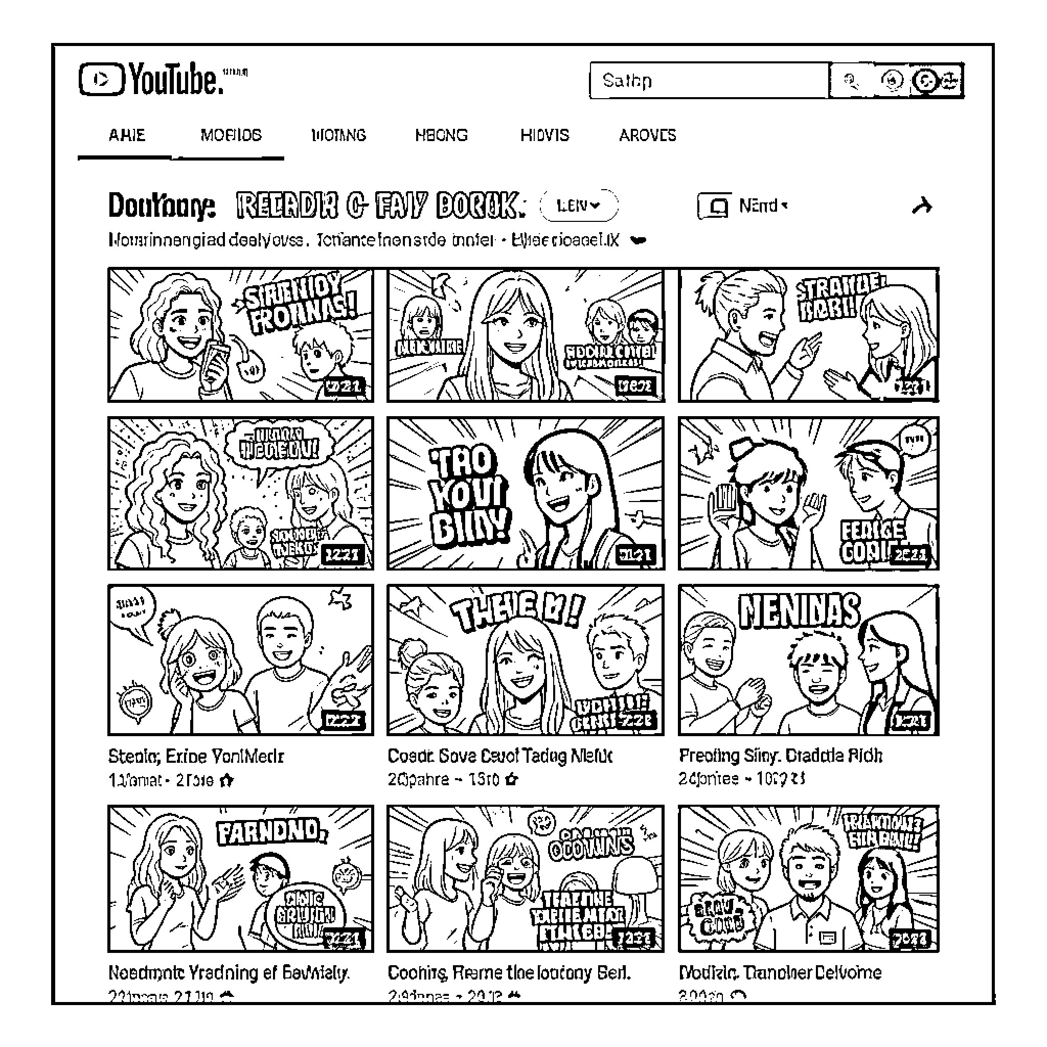 YouTube thumbnails depicting various expressions and scenes Coloring Page (free black-and-white line drawing printable PDF for all, from beginners to advanced learners, including children, teens, adults, and seniors)