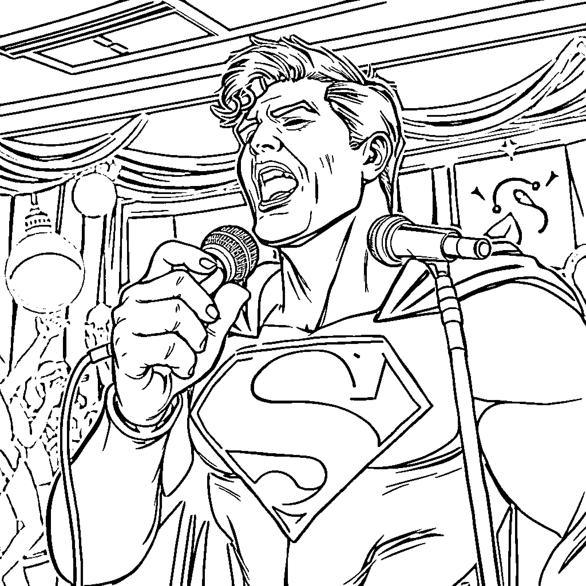 Superman Singing Passionately on Stage Coloring Page (free black-and-white line drawing printable PDF for all, from beginners to advanced learners, including children, teens, adults, and seniors)