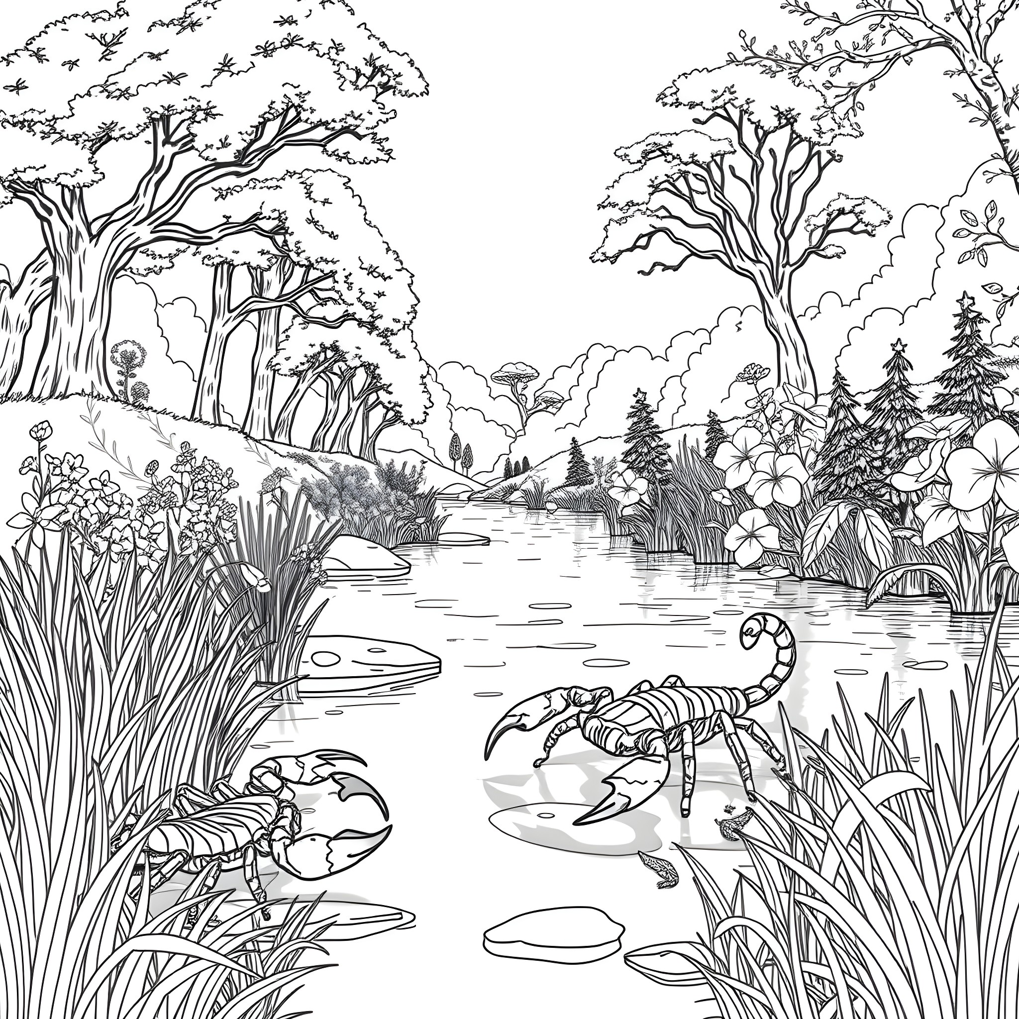 Scorpion swimming in the serene forest pond Coloring Page (free black-and-white line drawing printable PDF for all, from beginners to advanced learners, including children, teens, adults, and seniors)