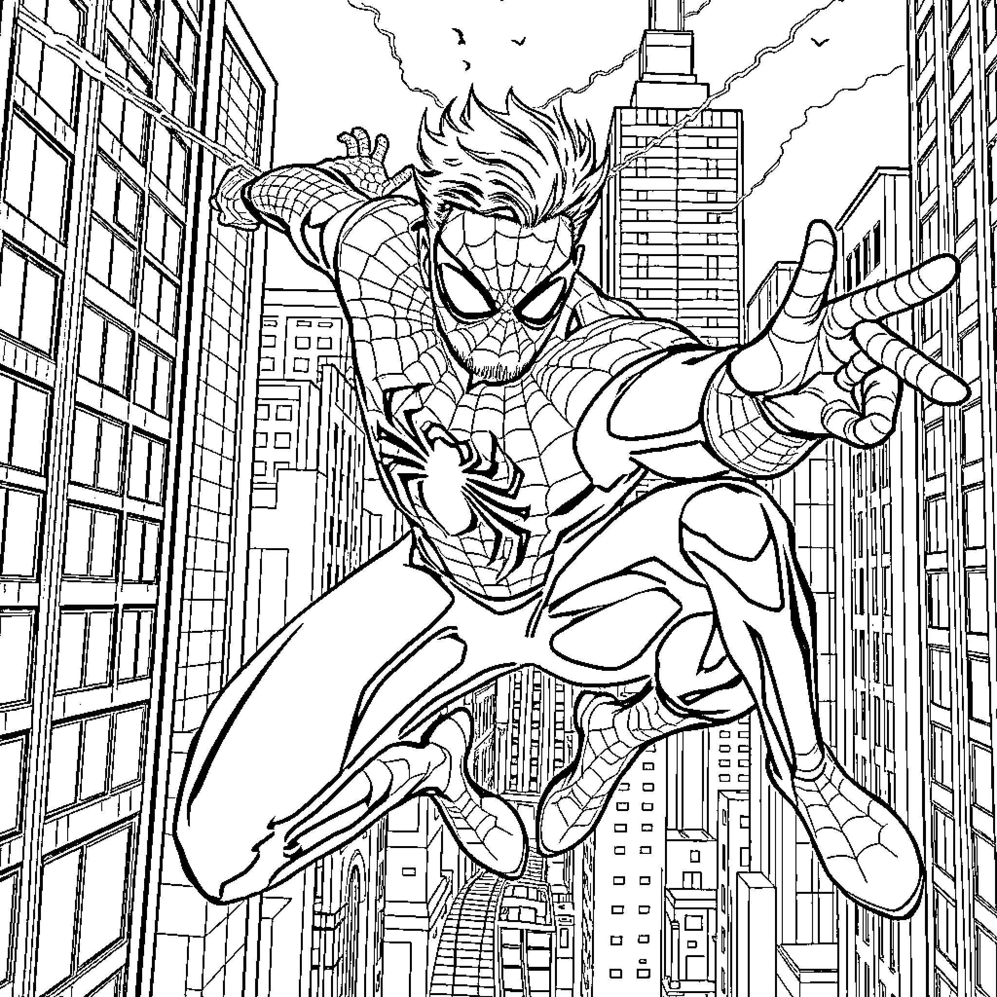 Walter White swinging through city as Spider-Man Coloring Page (free black-and-white line drawing printable PDF for all, from beginners to advanced learners, including children, teens, adults, and seniors)