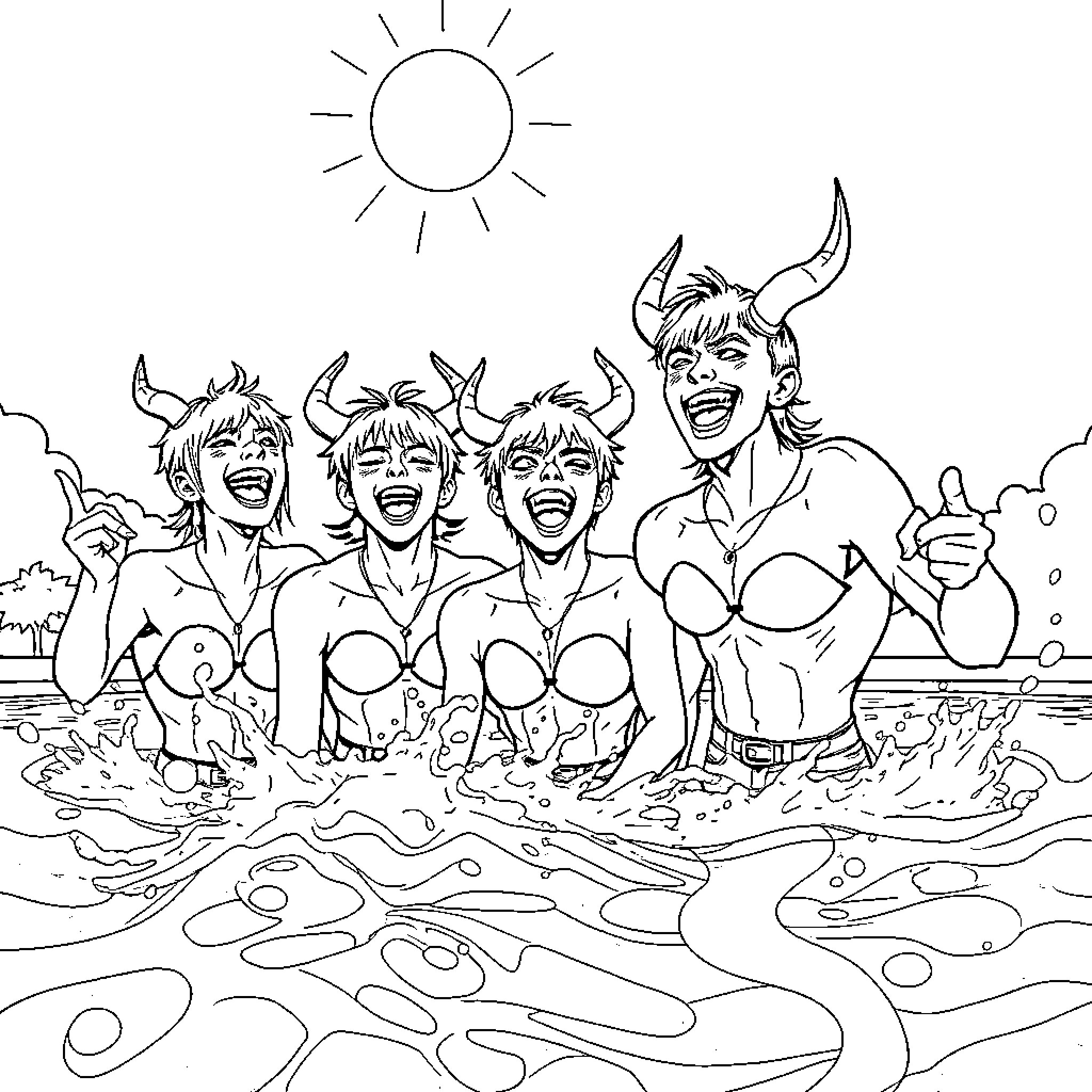 Demon Hunters enjoying a sunny day at the beach Coloring Page (free black-and-white line drawing printable PDF for all, from beginners to advanced learners, including children, teens, adults, and seniors)