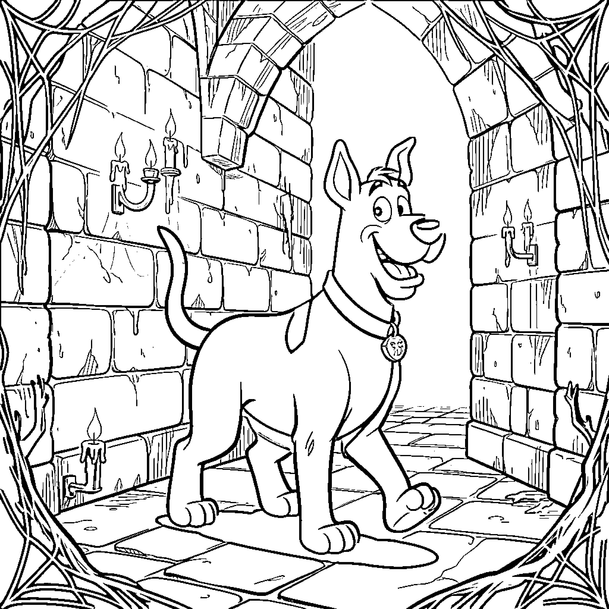 Scooby Doo explores a mysterious castle Coloring Page (free black-and-white line drawing printable PDF for all, from beginners to advanced learners, including children, teens, adults, and seniors)