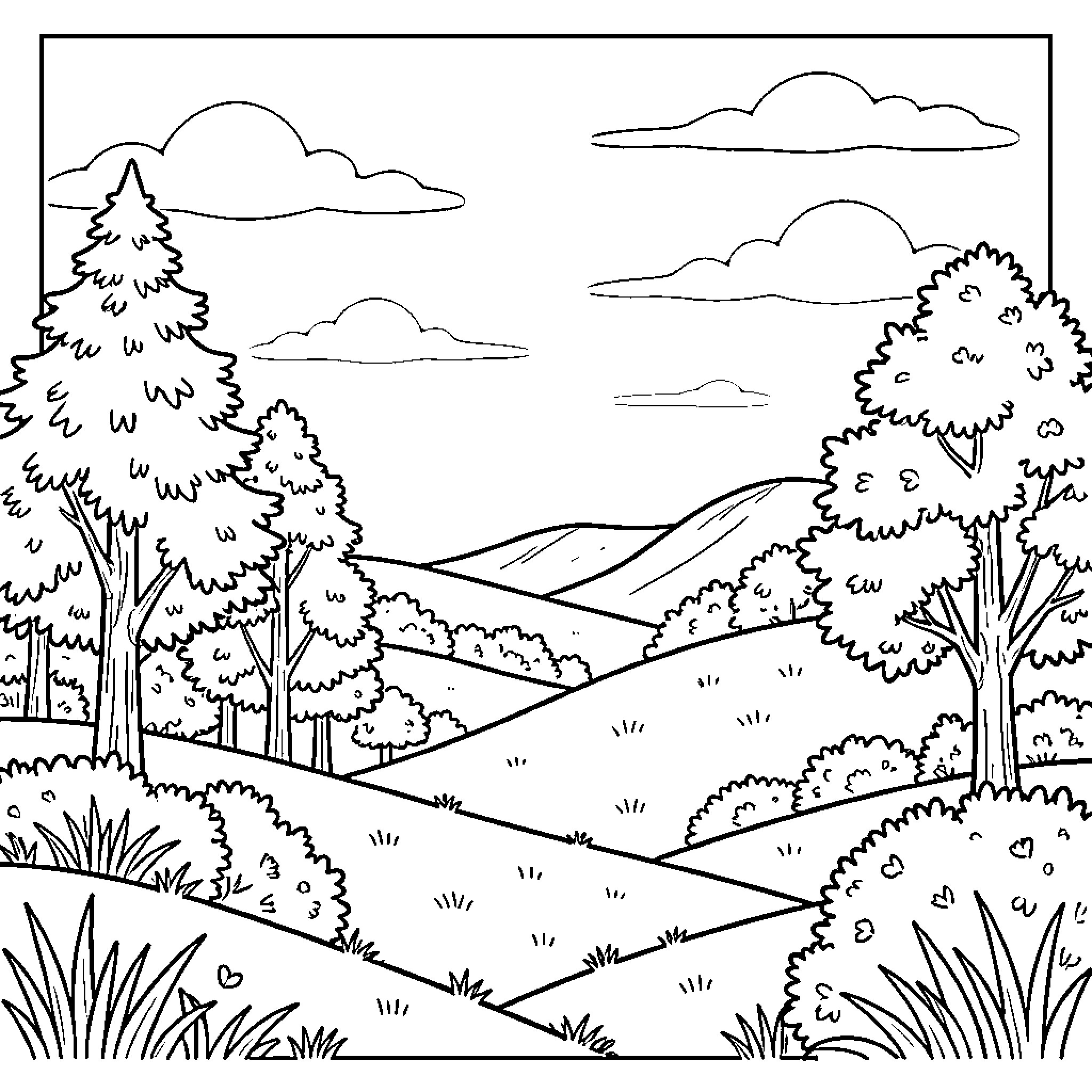 Scenery with rolling hills and forests Coloring Page (free black-and-white line drawing printable PDF for all, from beginners to advanced learners, including children, teens, adults, and seniors)