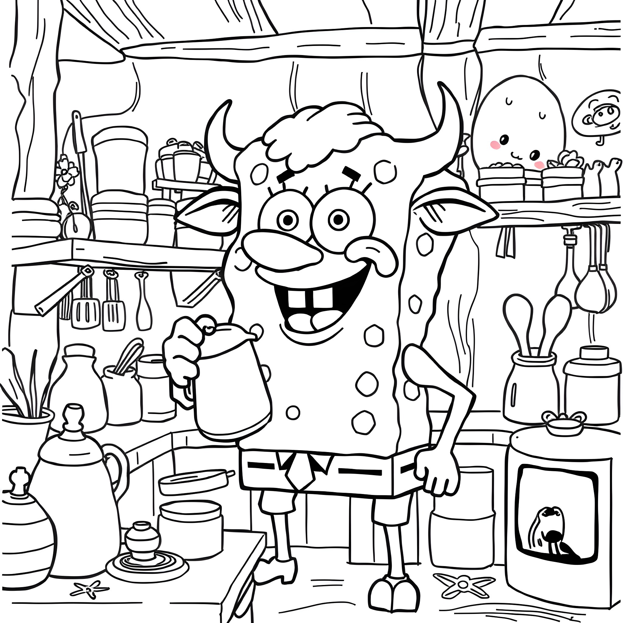 Spongebob in a Whimsical Kitchen Scene Coloring Page (free black-and-white line drawing printable PDF for all, from beginners to advanced learners, including children, teens, adults, and seniors)