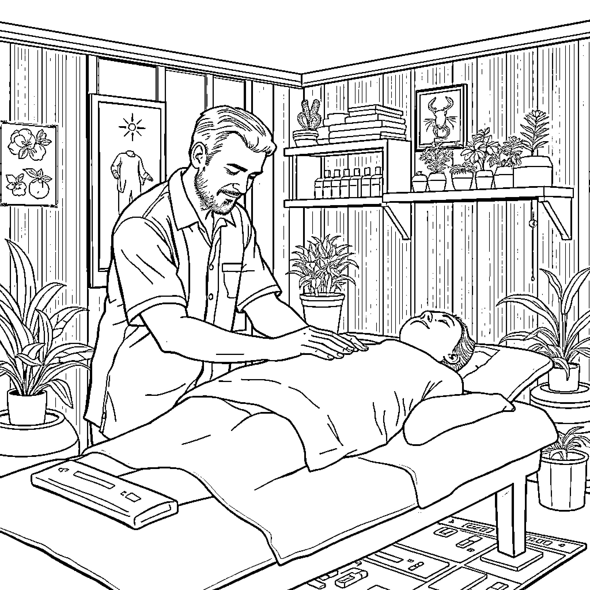 Acupressure treatment in natural setting Coloring Page (free black-and-white line drawing printable PDF for all, from beginners to advanced learners, including children, teens, adults, and seniors)