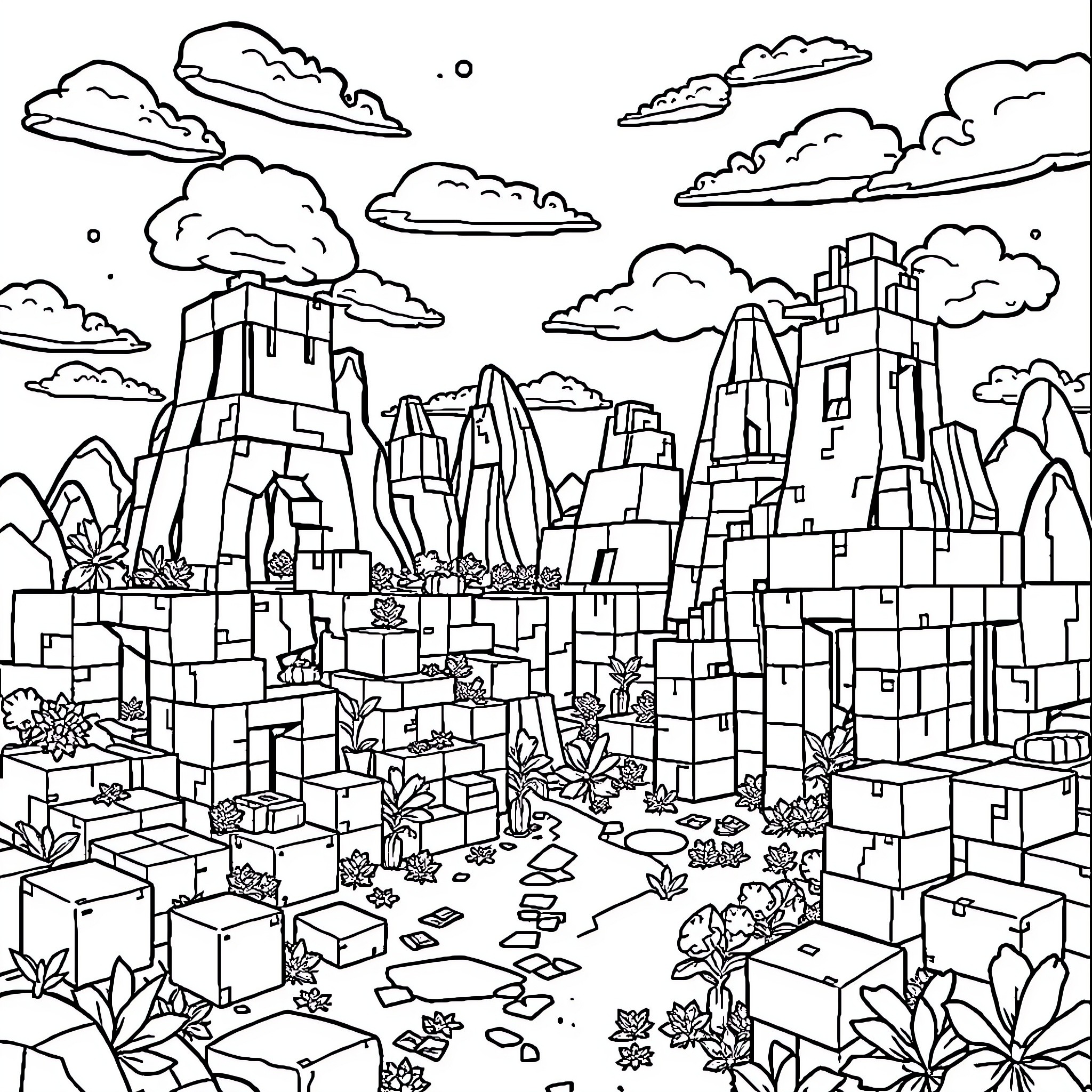 Minecraft Imaginary Cubist Landscape with Clouds Coloring Page (free black-and-white line drawing printable PDF for all, from beginners to advanced learners, including children, teens, adults, and seniors)