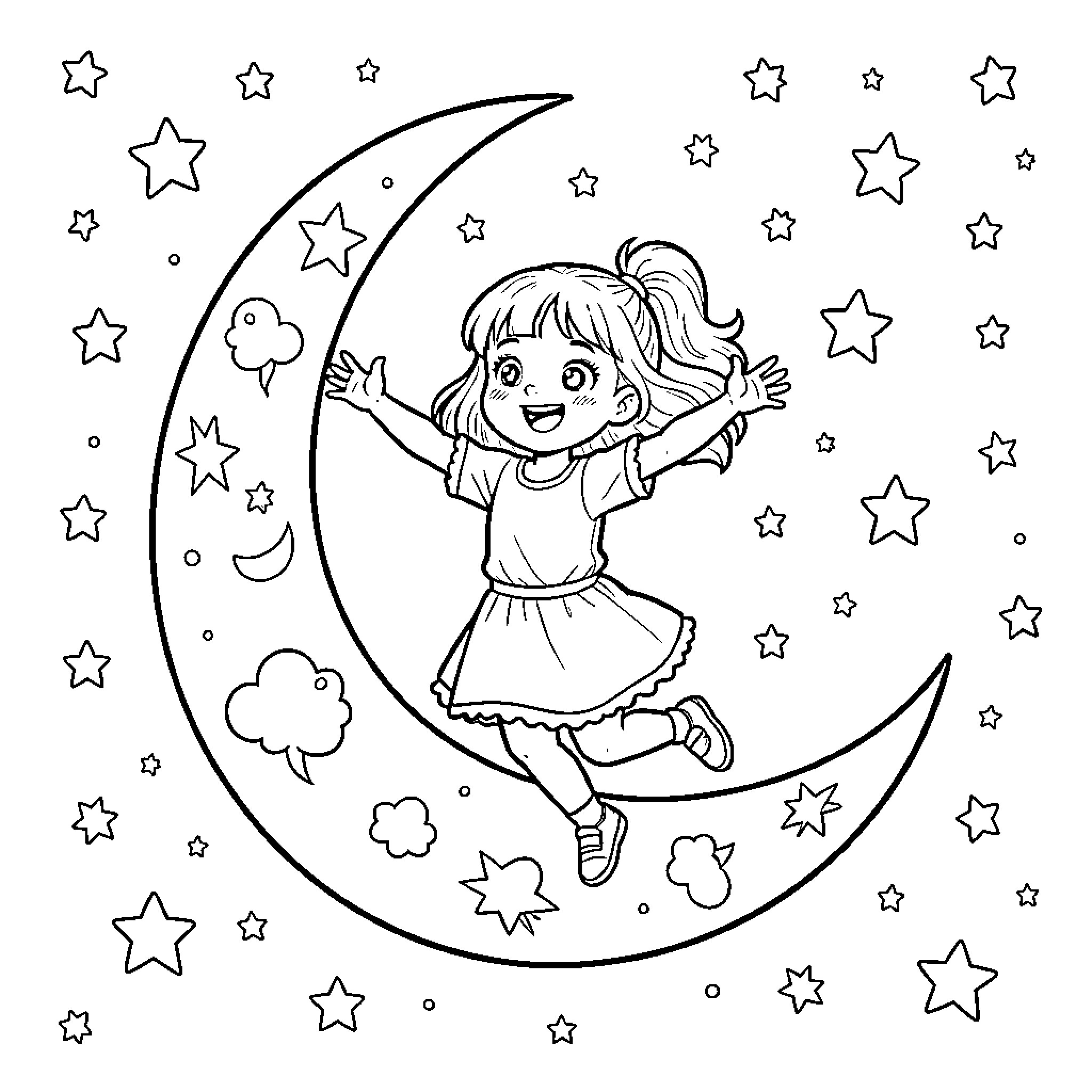 Girl Enjoying Starry Night on Crescent Moon Coloring Page (free black-and-white line drawing printable PDF for all, from beginners to advanced learners, including children, teens, adults, and seniors)