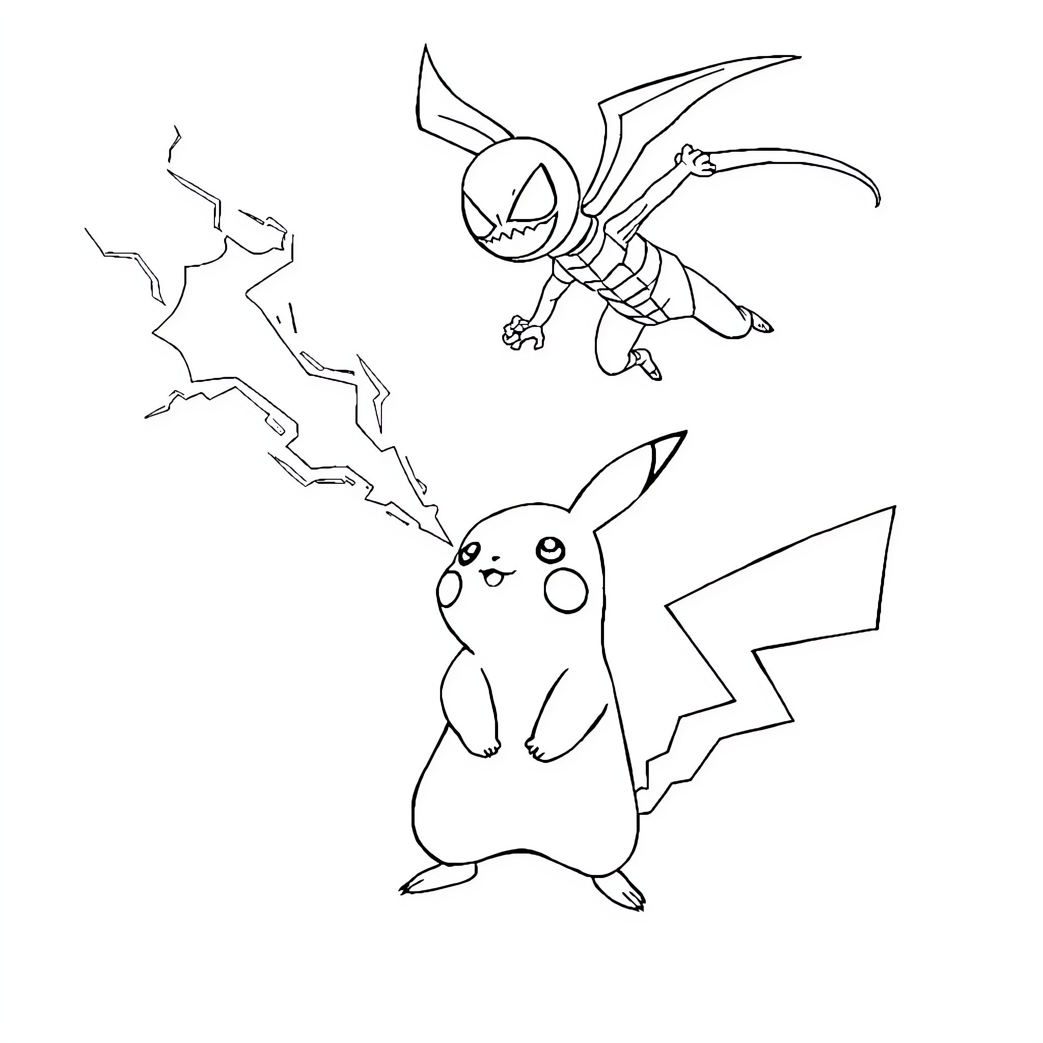 Pikachu and Scizor in action-packed scene Coloring Page (free black-and-white line drawing printable PDF for all, from beginners to advanced learners, including children, teens, adults, and seniors)