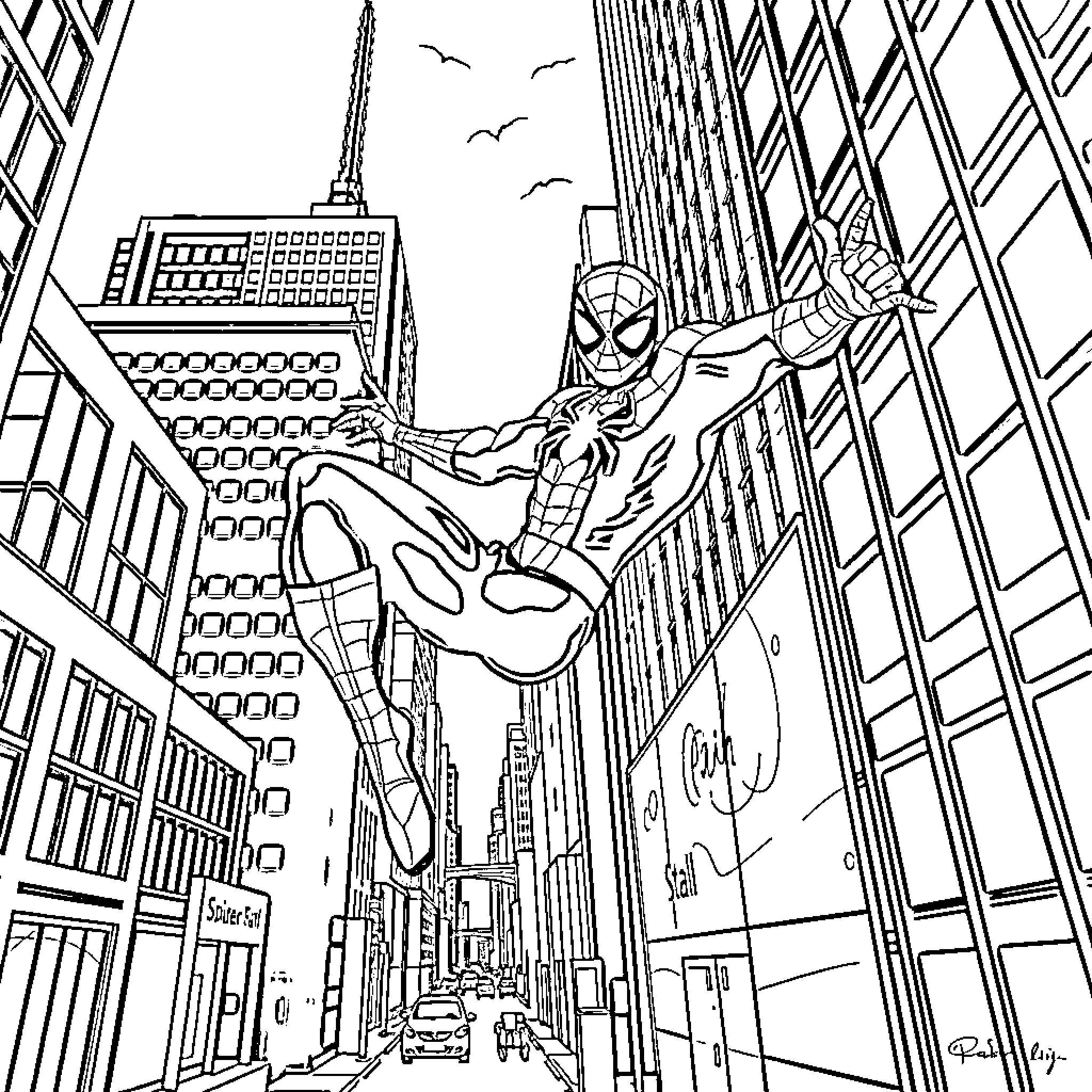 Spiderman swinging through the cityscape Coloring Page (free black-and-white line drawing printable PDF for all, from beginners to advanced learners, including children, teens, adults, and seniors)