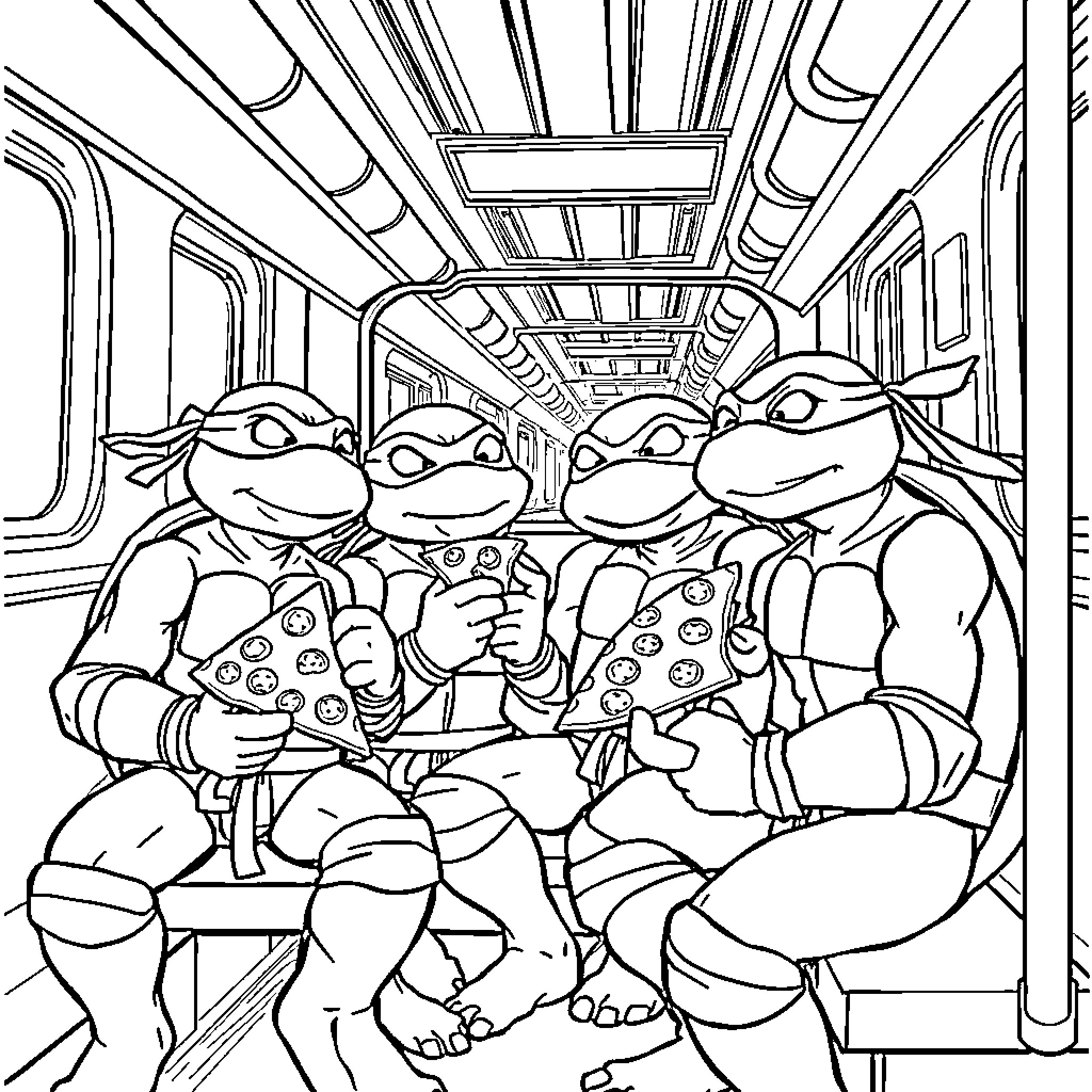 Teenage Mutant Ninja Turtles riding the subway together Coloring Page (free black-and-white line drawing printable PDF for all, from beginners to advanced learners, including children, teens, adults, and seniors)