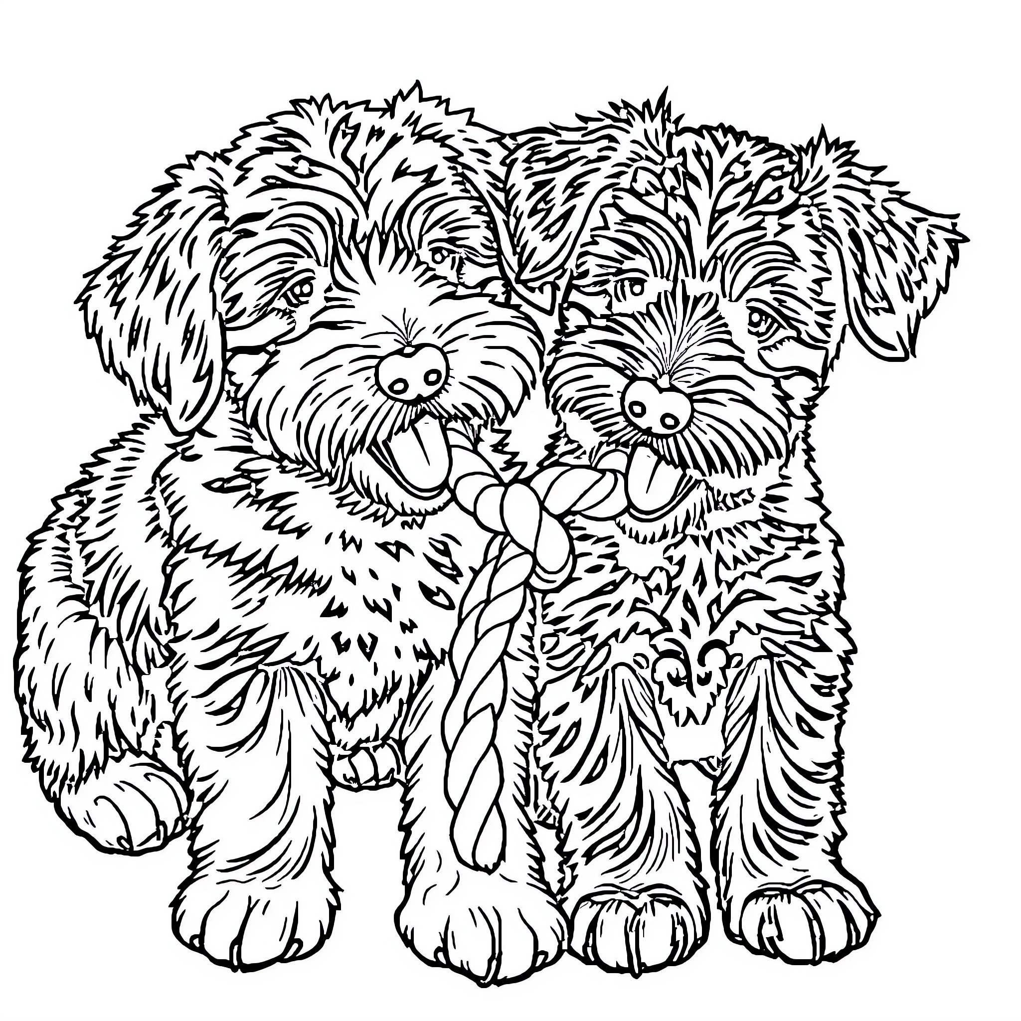 Labradoodle puppies playing together Coloring Page (free black-and-white line drawing printable PDF for all, from beginners to advanced learners, including children, teens, adults, and seniors)