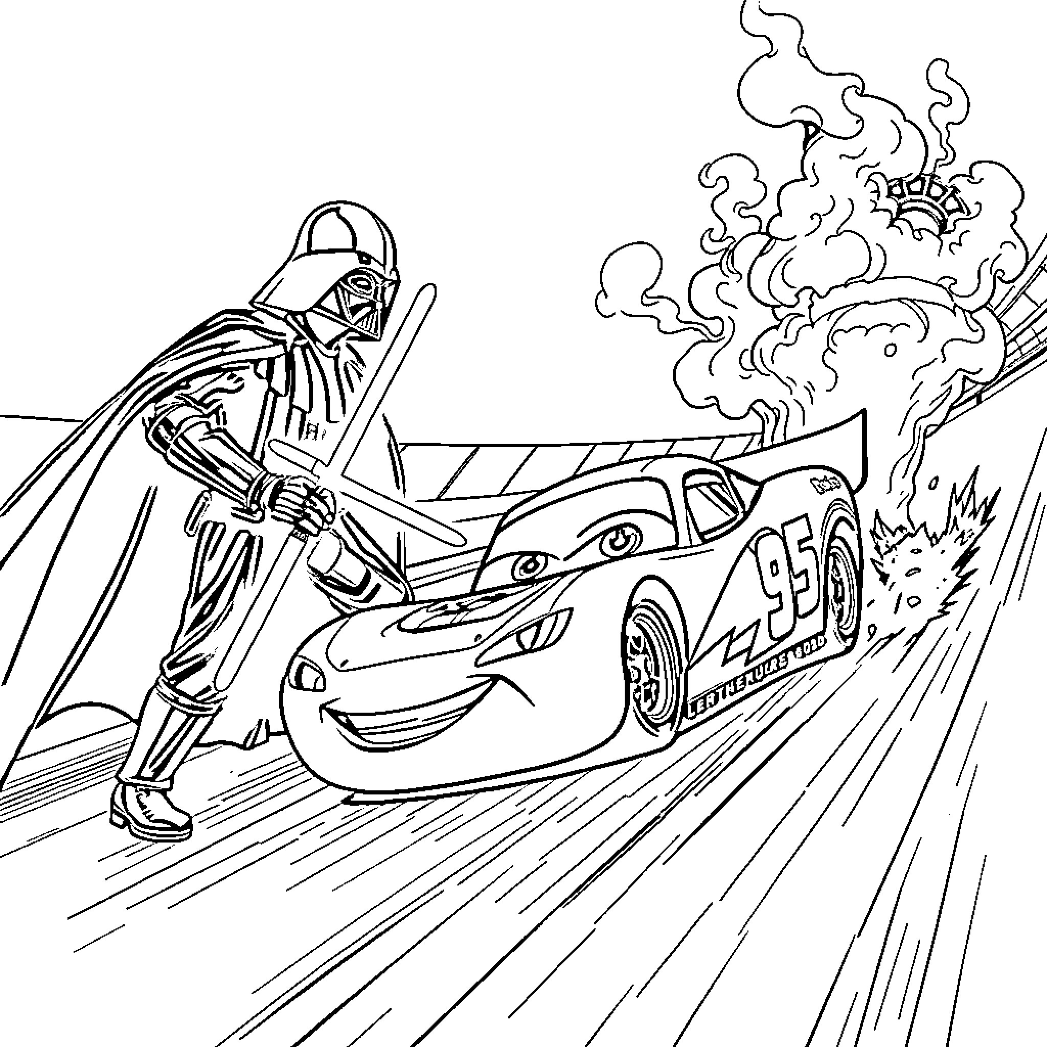 Darth Vader challenges Lightning McQueen in an epic race Coloring Page (free black-and-white line drawing printable PDF for all, from beginners to advanced learners, including children, teens, adults, and seniors)