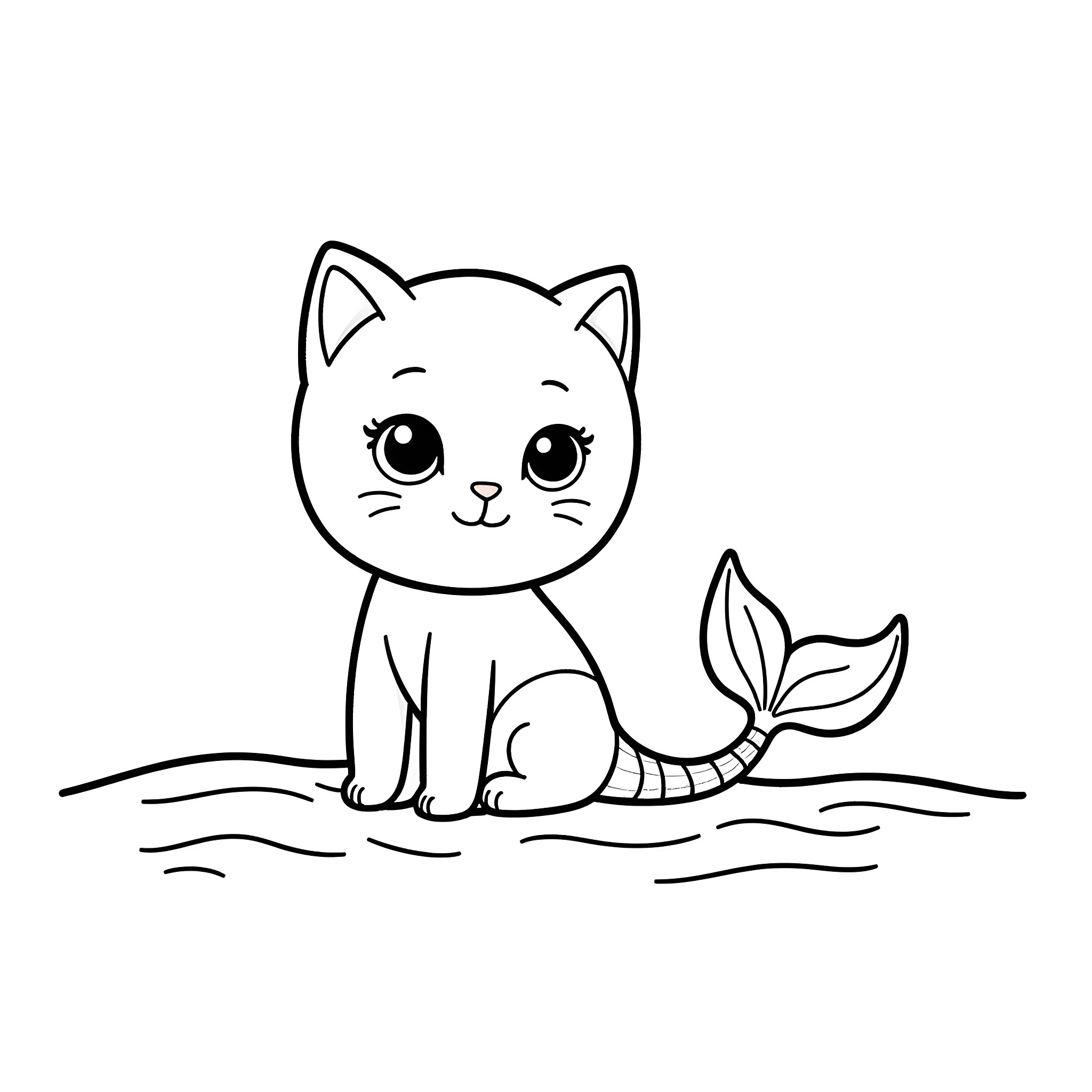 Mermaid Kitten playing in the waves Coloring Page (free black-and-white line drawing printable PDF for all, from beginners to advanced learners, including children, teens, adults, and seniors)